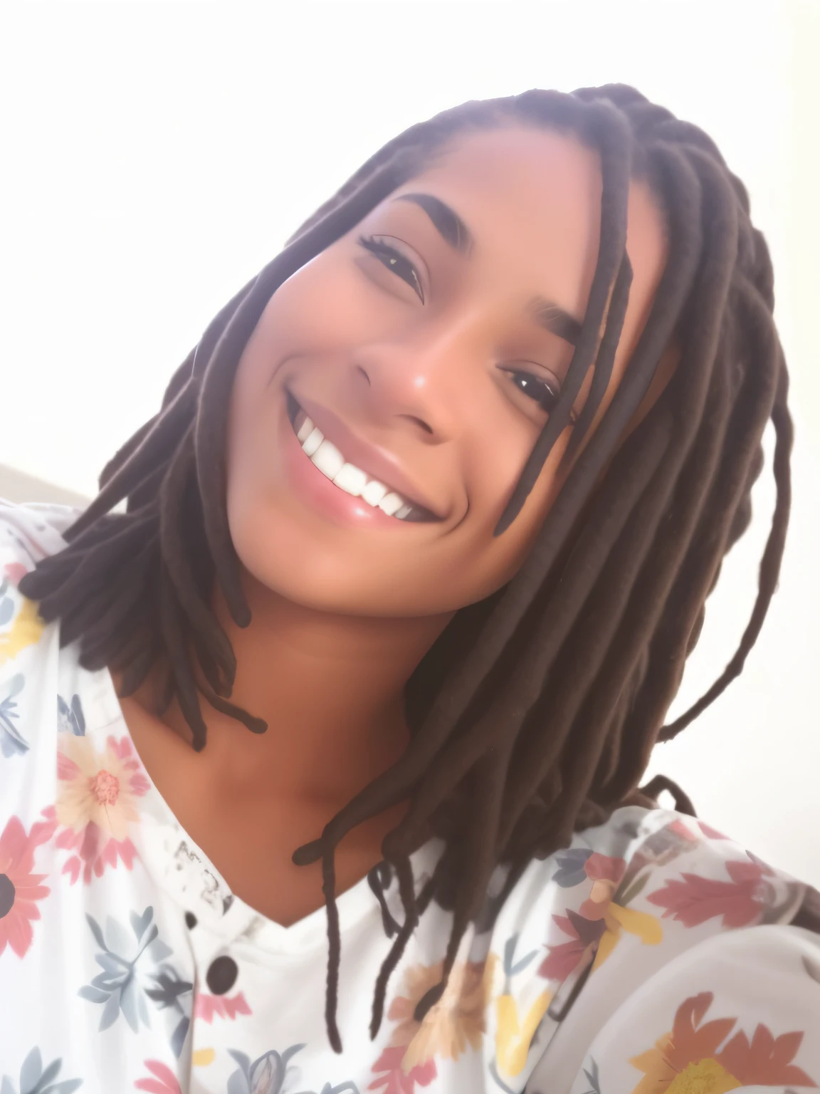 mulher sorridente com dreadlocks e uma camisa floral posando para uma foto, Anos Imane, Parece Fabiula Nascimento, em torno de 1 9 anos, ela tem cerca de 16 anos, adolescente negra, retrato!!!!, foto de perfil, taken in the early 2020s, Nilo, mulher jovem negra, foto em alta