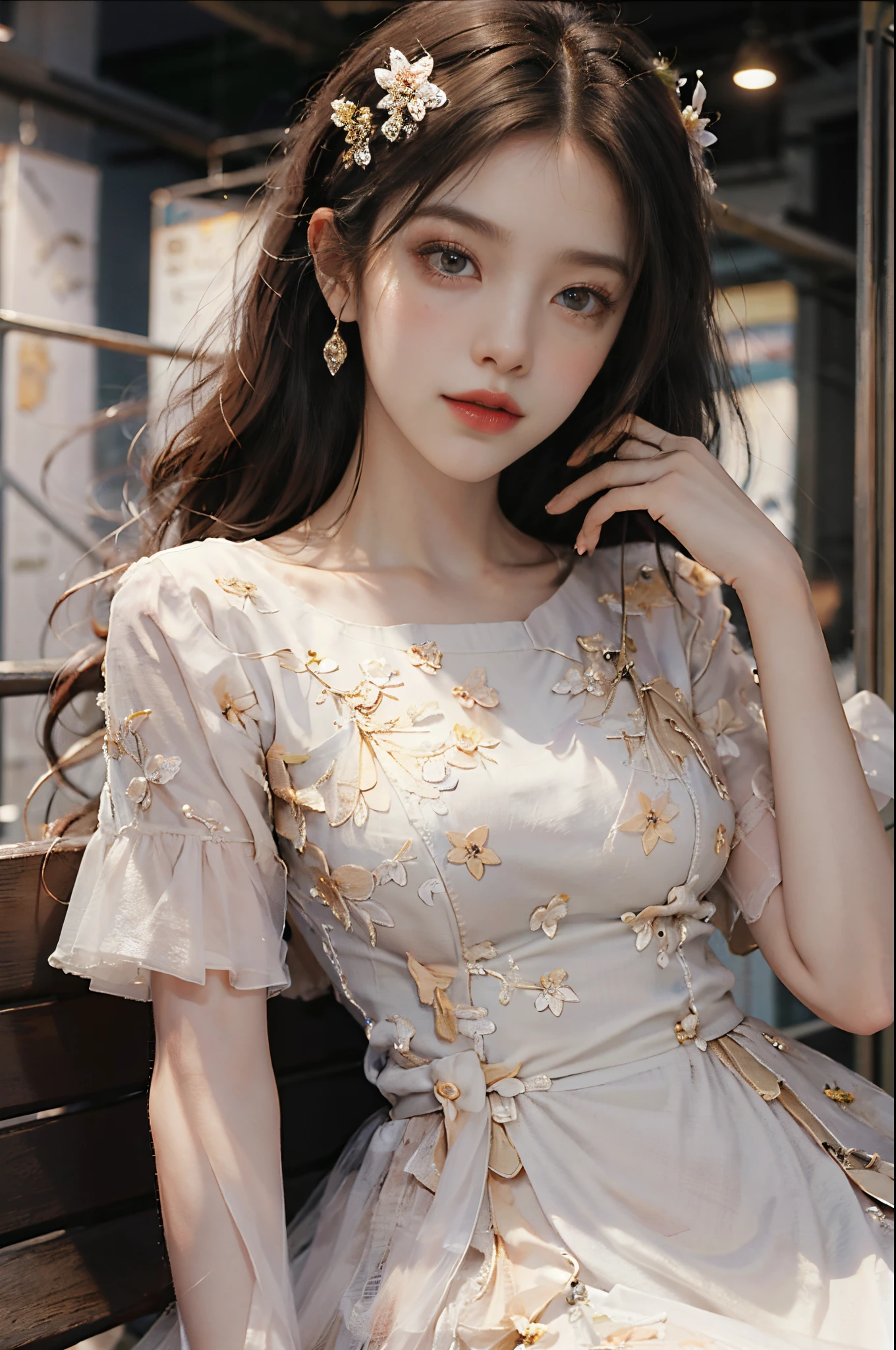 evening dress S9,flower, fashi-girl, red lips, mature female, makeup, Big eyes, Pretty eyes, ((full body)), ((Random shooting angles)), (best quality, masterpiece:1.2), ultra-detailed, (realistic:1.37), beautiful, youthful, glamorous model with (detailed eyes, detailed lips, extremely detailed eyes), with white and floral colors, showcasing a radiant smile, creating a breathtaking depiction of a girl, Warm tones, extremely high color saturation, official art, extremely detailed CG unified 8k wallpaper,(High dynamic range :1.4), (cinematic),(soft colors, dull colors, soothing tones :1.3), (natural skin texture, ultra-realistic, soft light, sharp),(very detailed), Night, moonlight, In an antique pavilion, sit on a bench against the guardrail