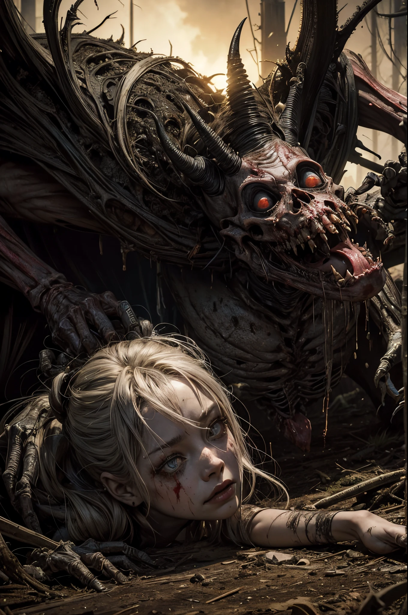 Masterpiece, highest quality, (high detail:1.2), creepy female monsters, creepy beasts, corner, phobia scene, bodies, corpsets, rotten meat, rotten skin, zoombie, blood, creepy, broken bone, bones, skeleton, a lot of dried blood and clots death, horror, obscure , shadows, swamp, horrifying creatures body rotten, sharp objects, living death, stumps, zoombies, gore, rotten organs, guts, dark macabre, virus, viruses and spores, mutants, mutations, altered DNA, sunset, strange creatures, post-apocalyptic, amputations, trauma, beats, bites, lacerations, hematomas and teratomas, post-apocalyptic background,1girl, blood tears, large breast, post mortem eyes, strange, tear the skin, blisters, rotten, fungus, undeath, dirt, human waste.