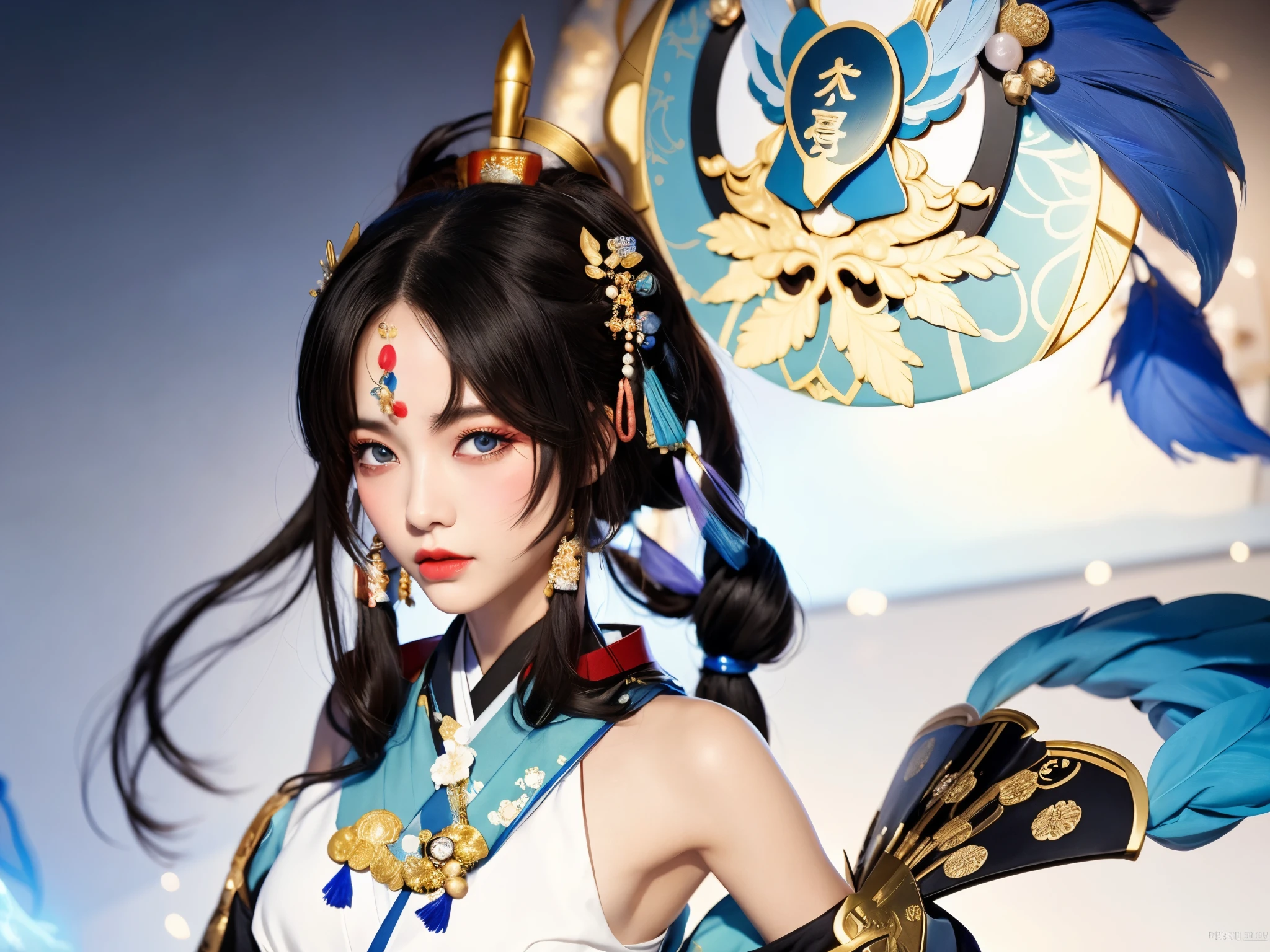 Anime girl with fan and blue feathers, onmyoji detailed art, Works of the Goddess of Sorrow, onmyoji portrait, onmyoji, 《the first god》Zhongli in Zhongli, 《the first god》Ke Qingyu, Genshin impact's character, the goddess artemis smirking, beautiful fantasy empress, Queen of the Sea Mu Yanling, The goddess Hera looked angry