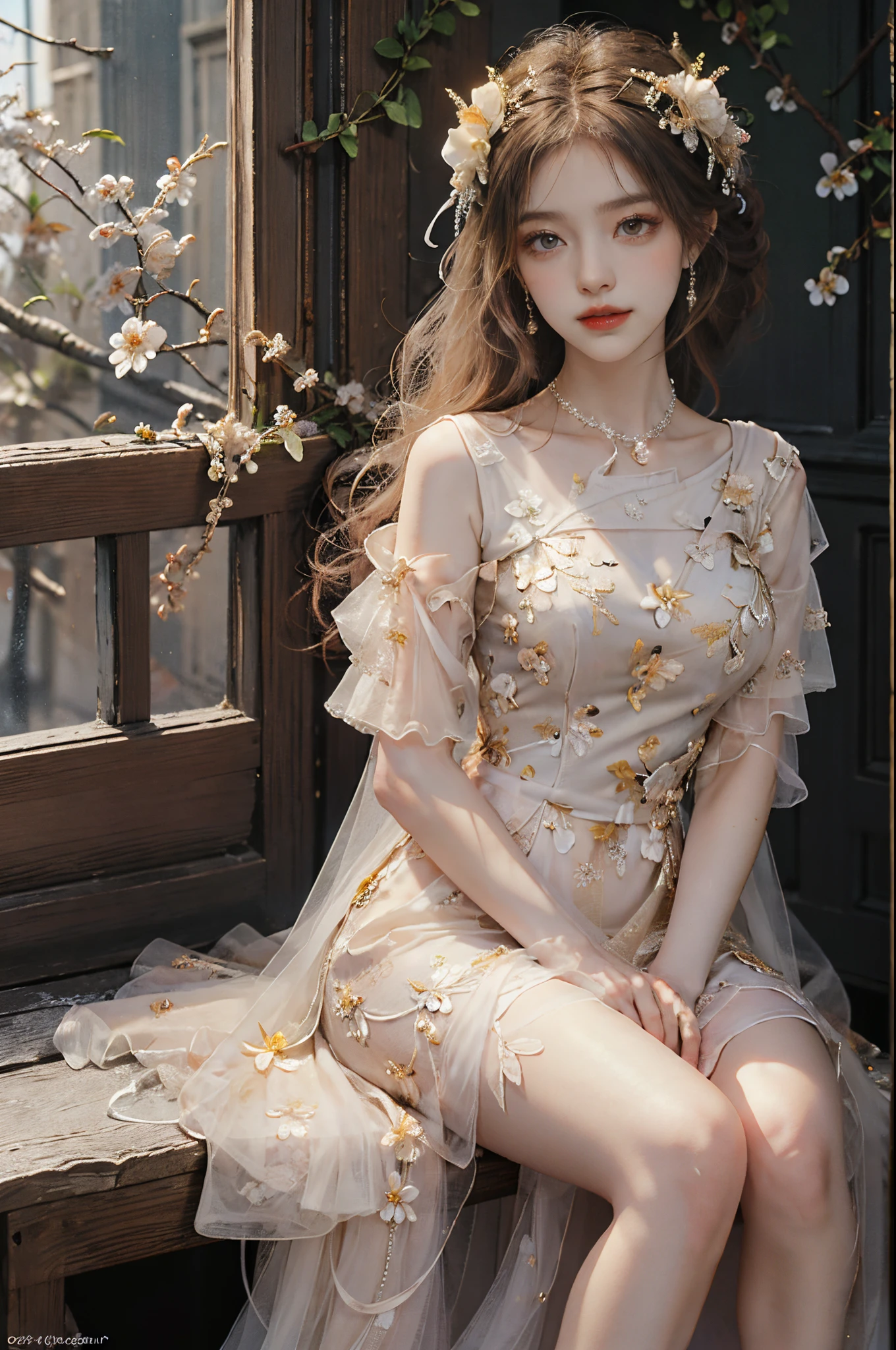 evening dress S9,flower, fashi-girl, red lips, mature female, makeup, Big eyes, Pretty eyes, ((full body)), ((Random shooting angles)), (best quality, masterpiece:1.2), ultra-detailed, (realistic:1.37), beautiful, youthful, glamorous model with (detailed eyes, detailed lips, extremely detailed eyes), with white and floral colors, showcasing a radiant smile, creating a breathtaking depiction of a girl, Warm tones, extremely high color saturation, official art, extremely detailed CG unified 8k wallpaper,(High dynamic range :1.4), (cinematic),(soft colors, dull colors, soothing tones :1.3), (natural skin texture, ultra-realistic, soft light, sharp),(very detailed), Night, moonlight, In an antique pavilion, sit on a bench against the guardrail