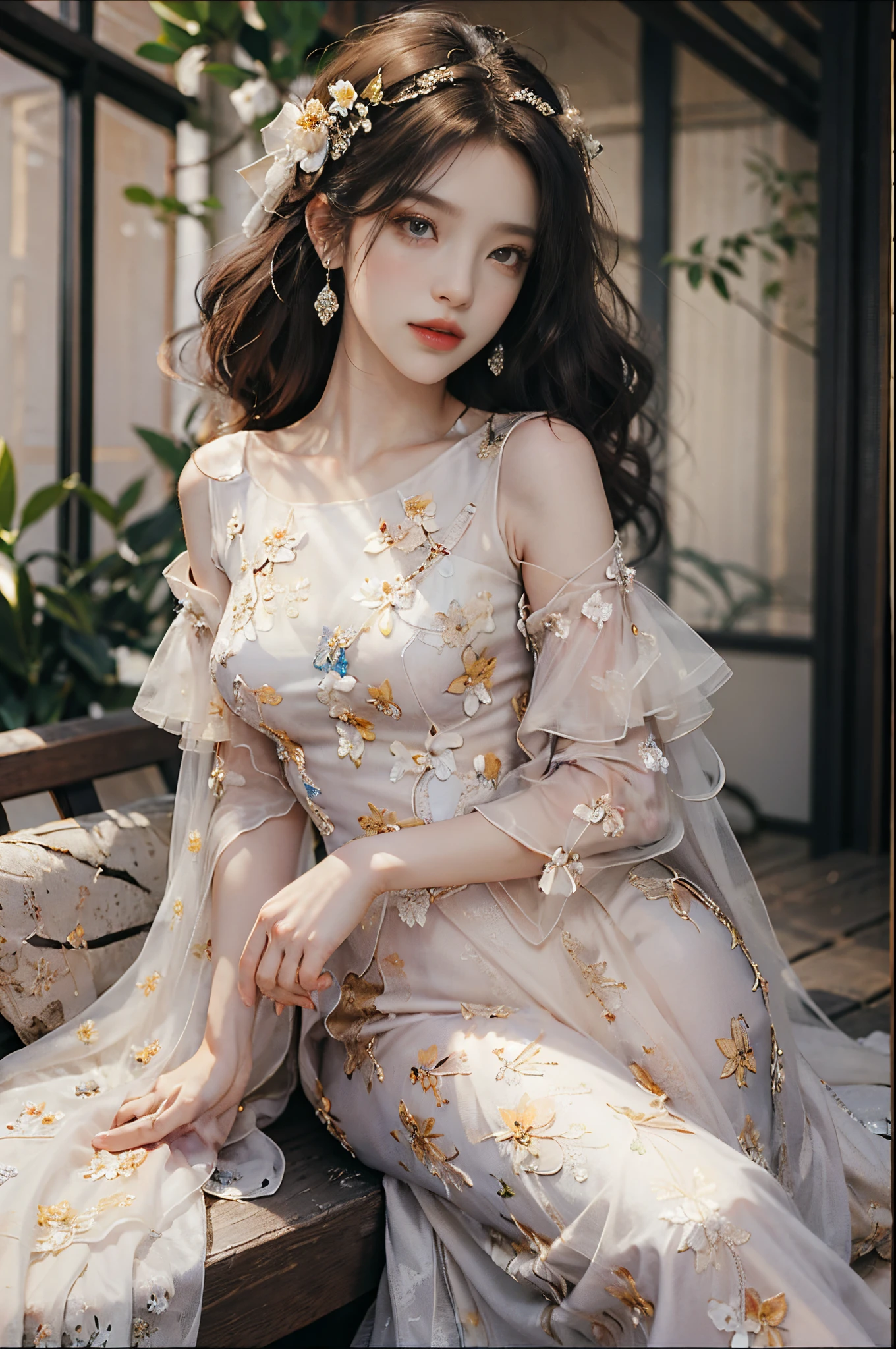 evening dress S9,flower, fashi-girl, red lips, mature female, makeup, Big eyes, Pretty eyes, ((full body)), ((Random shooting angles)), (best quality, masterpiece:1.2), ultra-detailed, (realistic:1.37), beautiful, youthful, glamorous model with (detailed eyes, detailed lips, extremely detailed eyes), with white and floral colors, showcasing a radiant smile, creating a breathtaking depiction of a girl, Warm tones, extremely high color saturation, official art, extremely detailed CG unified 8k wallpaper,(High dynamic range :1.4), (cinematic),(soft colors, dull colors, soothing tones :1.3), (natural skin texture, ultra-realistic, soft light, sharp),(very detailed), Night, moonlight, In an antique pavilion, sit on a bench against the guardrail