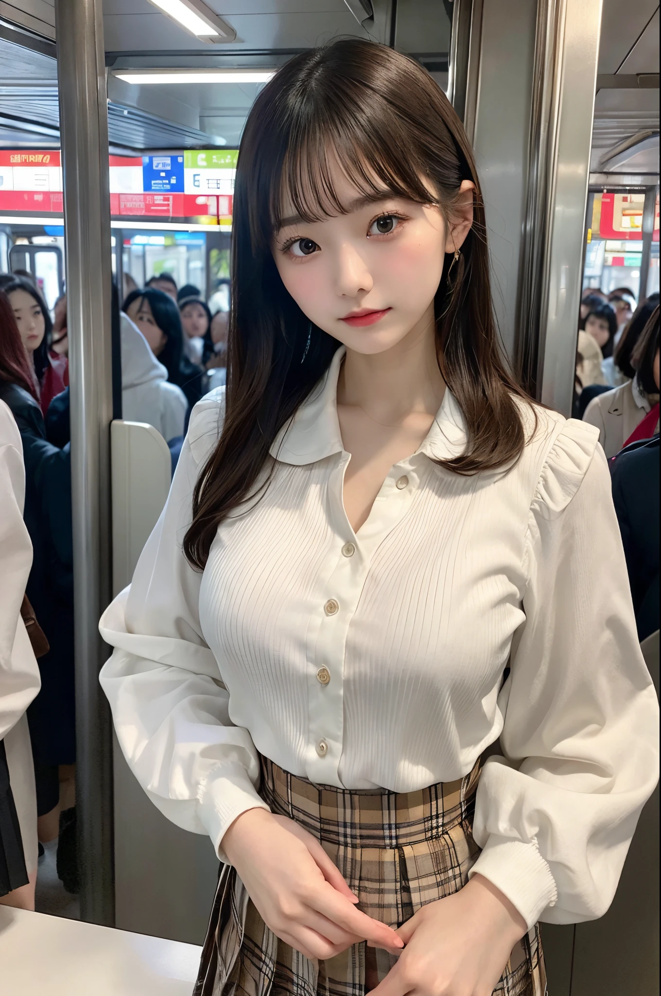 Top image quality、4K picture quality、Best Quality、huge tit、g-cup、22year old、japanes、short stature、Wearing a white blouse with a long-sleeved collar、Wearing a pleated skirt、Standing in front of me on a crowded train、Watching from above、Hands on chest