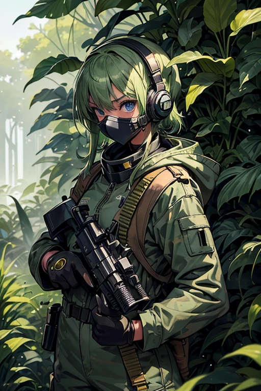 ​masterpiece, top-quality, MGS3EVA, tan jumpsuit, blue eyess, headphones around neck,Green hair, a belt, gloves, boots, Wagas, in jungle、Small、,Black rubber suit、Torn、polo、Fighting、gas masks、Camouflage pattern、younggirl、Black inner、Rear view