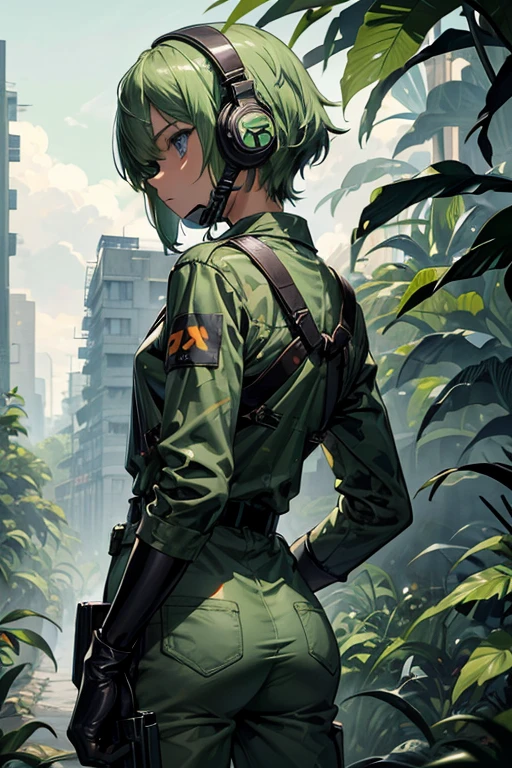 masterpiece, top-quality, MGS3EVA, tan jumpsuit, blue eyess, headphones around neck,Green hair, a belt, gloves, boots, Wagas, in jungle、Small、,Black rubber suit、Torn、polo、Fighting、gas masks、Camouflage pattern、younggirl、Black inner、Rear view