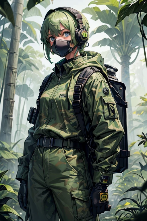 masterpiece, top-quality, MGS3EVA, tan jumpsuit, blue eyess, headphones around neck,Green hair, a belt, gloves, boots, Wagas, in jungle、Small、,Black rubber suit、Torn、polo、Fighting、gas masks、Camouflage pattern、younggirl、Black inner、backpack、Heavy equipment