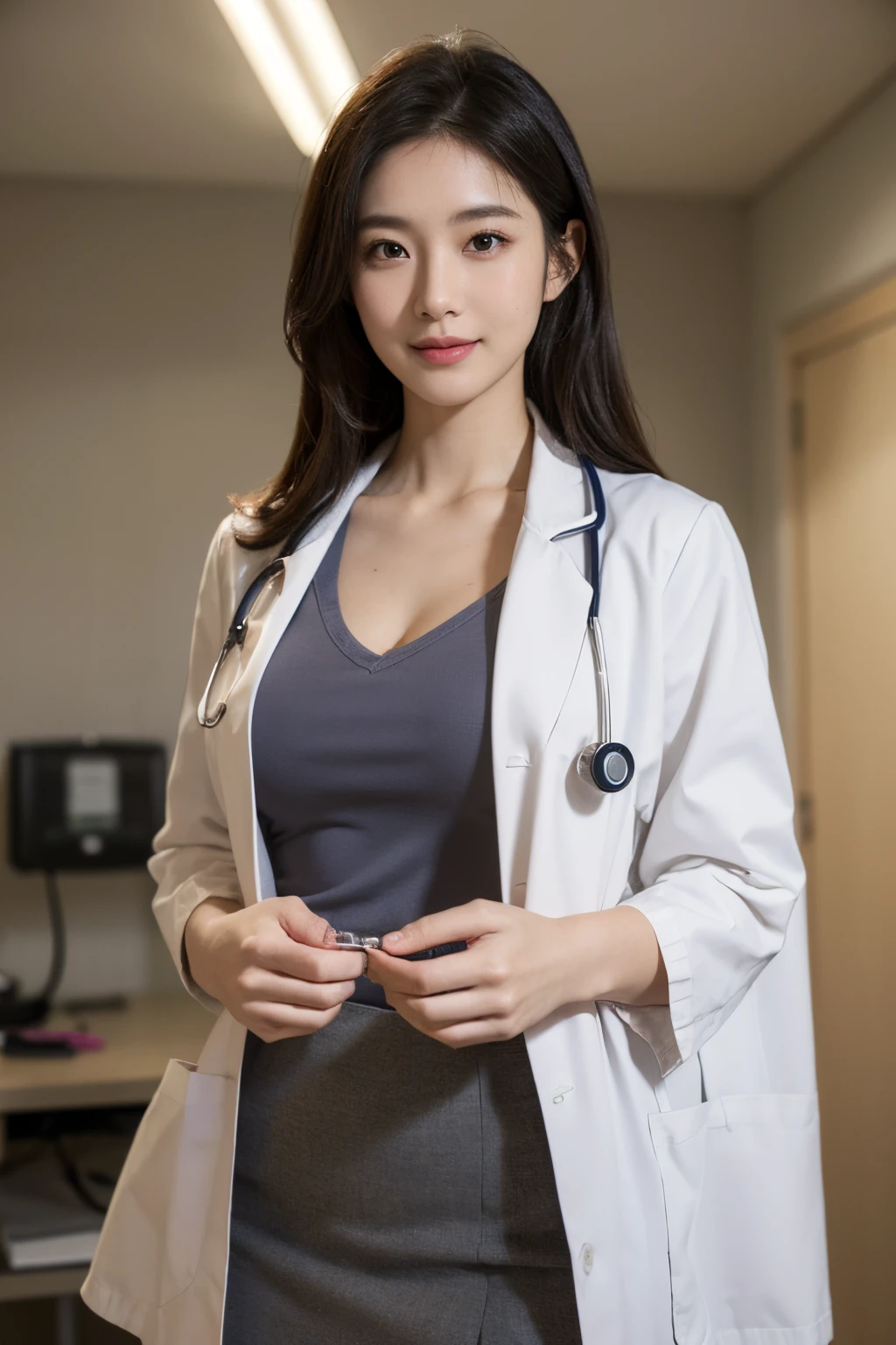 Solo,Sexy exciting smile, (Shiny skin:1.05),(blush:0.9),(Skindentation:1.15),Realistic, masutepiece, Highest Quality, hight resolution,absurderes, (Perfect face:1.1), Beautiful doctors,doctors white coat, Doctor Fashion,(top-quality,8K,32K,​masterpiece,nffsw:1.3),超A high resolution,(Photorealsitic:1.4),Raw photography,Beautiful long hair, ((Doctor Style)), tight skirts, Breast cleavage, nipples stand out,medium full breasted,inside hospital, Detailed background, Perfect Lighting, depth of fields, Beautiful shadow gradient,stethoscope,The background is a hospital,