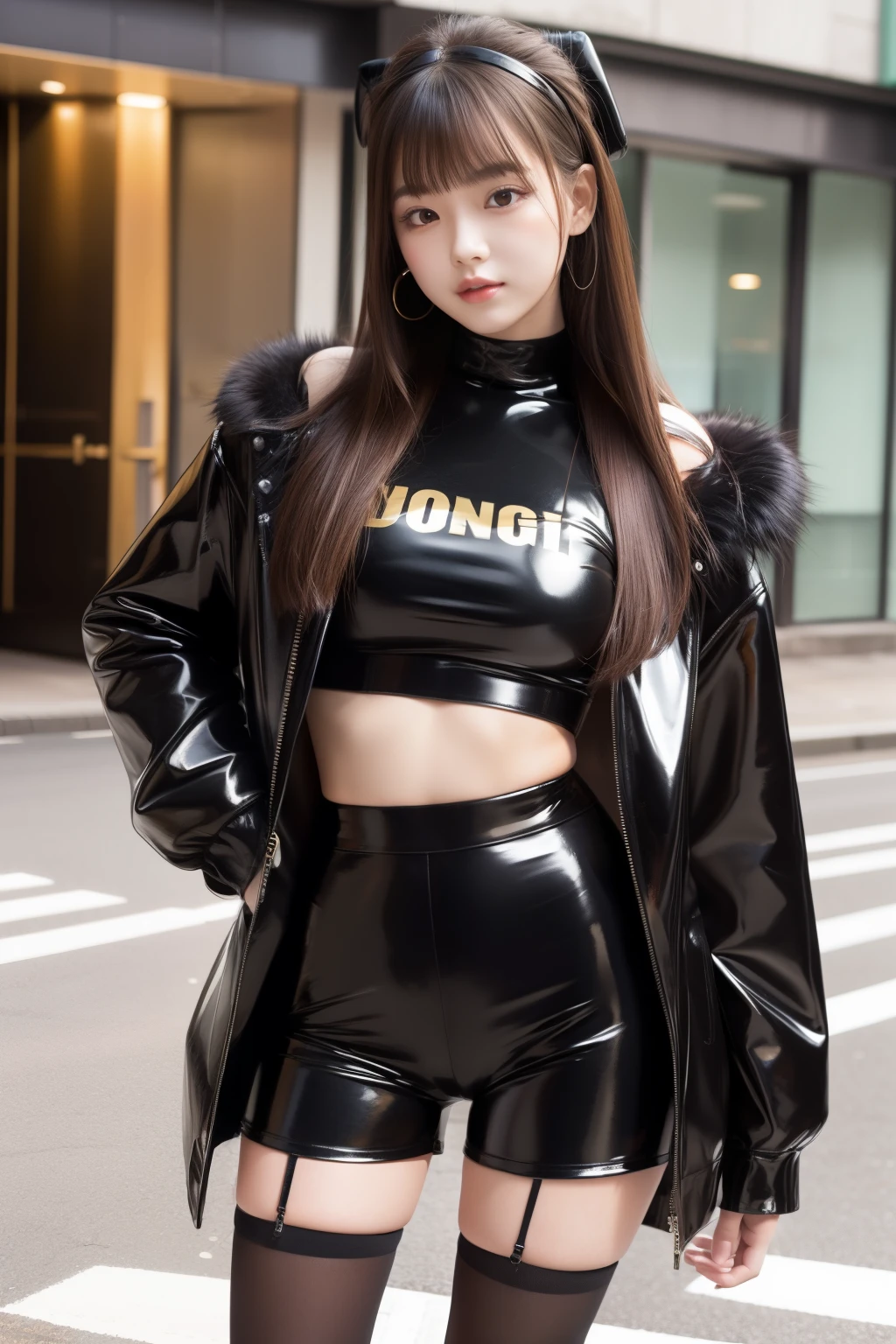 infp young woman、、full body Esbian、Innocent idol face、Latex shorts covered in honey、pantyhose、Black fur jacket