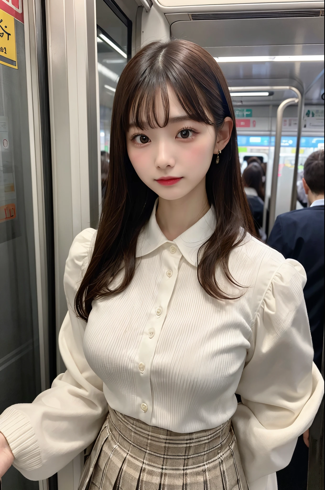 Top image quality、4K picture quality、Best Quality、huge tit、g-cup、22year old、japanes、short stature、Wearing a white blouse with a long-sleeved collar、Wearing a pleated skirt、Standing in front of me on a crowded train