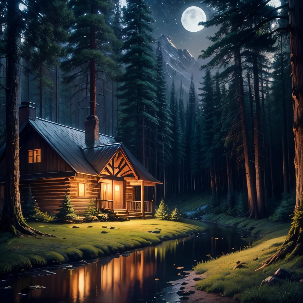 (oil painting:1.2),landscape,cozy wood cabin at a lush green forest,night scene,dark,gloomy,(moonlit:1.2),moonlight shining through the trees,peaceful,serene,tranquil,calm,starlit sky,hidden pathway leading to the cabin,twinkling stars,soft glowing light from the cabin's windows,reflection of the moon on a calm lake nearby,thick vegetation surrounding the cabin,majestic tall trees,whispering leaves,subtle mist emerging from the forest,autumn colors in the foliage,smooth brushstrokes,rich colors,impressionistic style,quiet ambiance