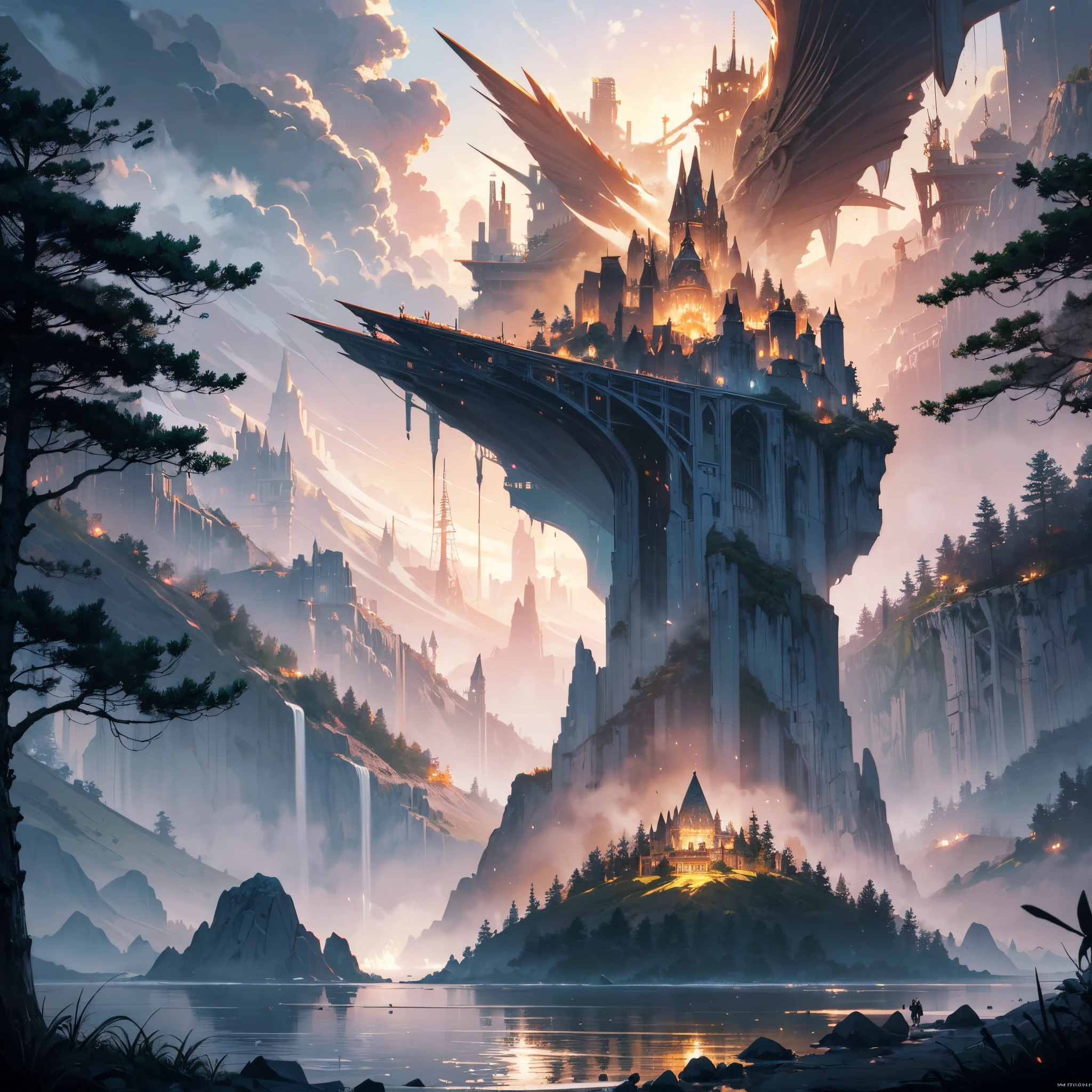 chromatic aberration, soft lighting, masterpiece, best quality, intricate, tone mapped, highly detailed, concept art, smooth, sharp focus, dramatic lighting, highly detailed artwork, cinematic, hyper realistic painting, trending on Artstation, 8K, incredible shadows, realistic, (an epic and breathtaking landscape), (majestic mountains and trees), (a surreal floating island), (fluffy clouds), (calm water), masterpiece, best quality, ultra-detailed, (best aesthetics, highest contrast and resolution), floating giant island, floating gold and magic city, dynamic and intricate details, high resolution, 8K wallpaper, magic floating island, runic magic, rune, runic island bottom