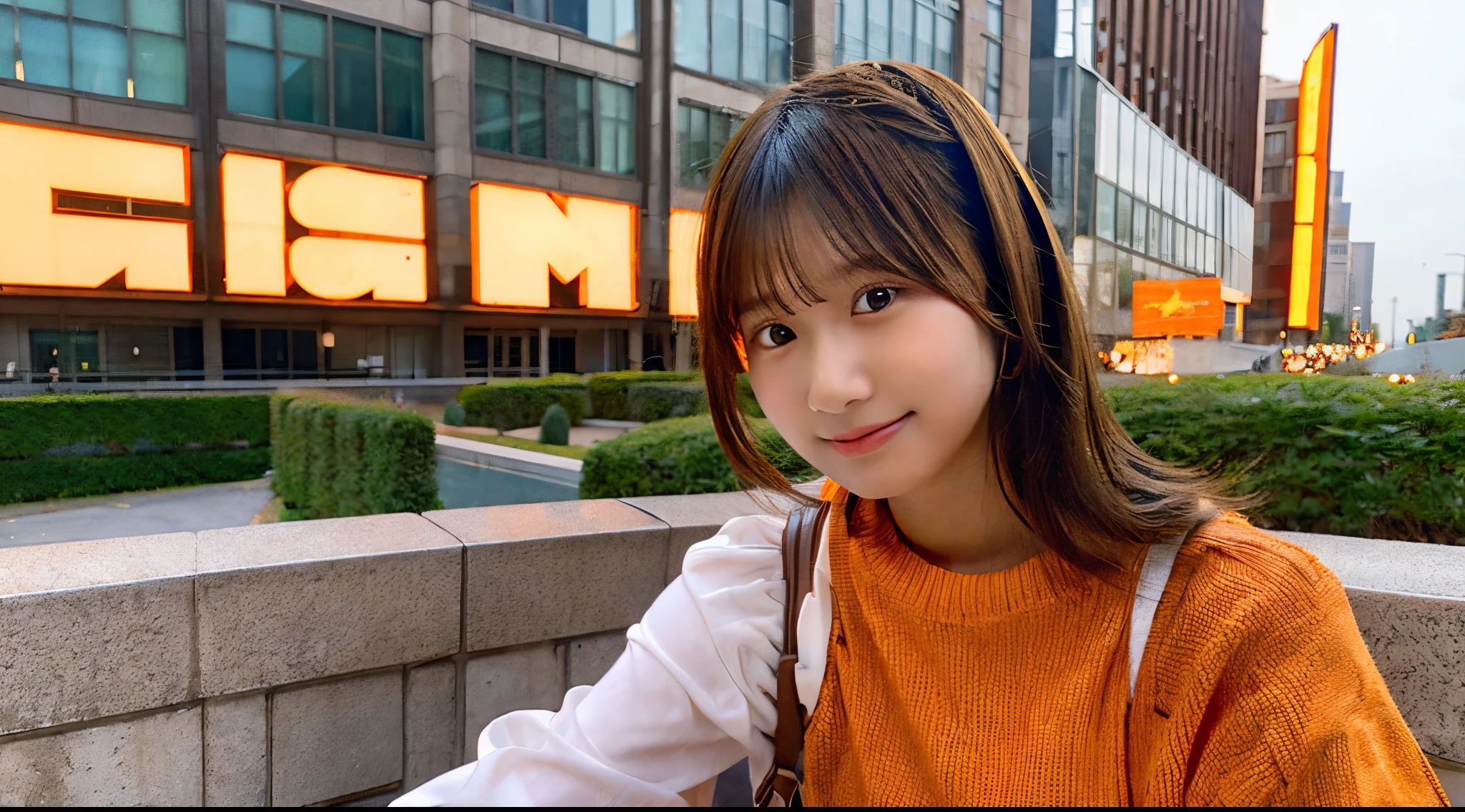 18 year old female college student wearing an orange miniskirt