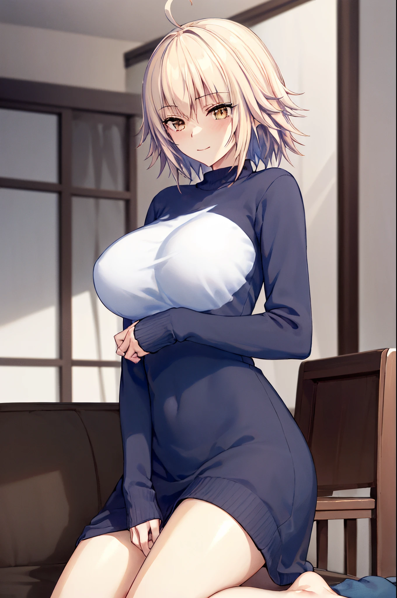 ((tmasterpiece, Best quality at best,Vivid image)), 1个Giant Breast Girl,Alone, ,, Black sweater, longer sleeves, Bottomless, The barefoot, wariza, 's, looking at viewert, Indoors, In one room, window, furniture