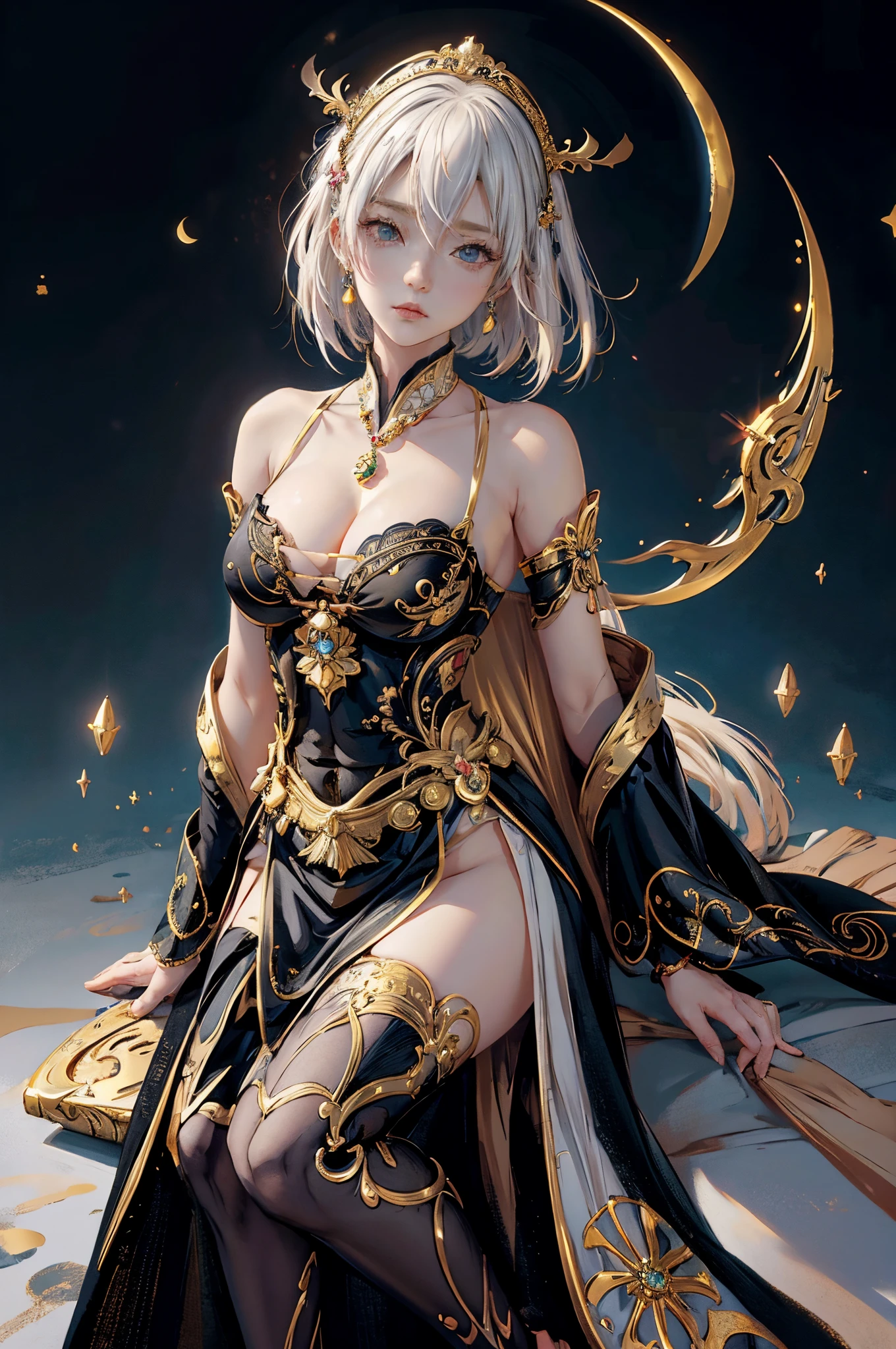 Anime girl with short blond hair and gold jewelry in front of black background, onmyoji detailed art, anime goddess, portrait onmyoji, Onmyoji, white haired god, the goddess artemis smirking, goddess of the moon, intricate gorgeous anime CGI style, Beautiful fantasy empress, Works of the Goddess of Sorrow, goddess of the moon, goddess of the moon, (Colossal tits:1.4), (Detailed eyes:1.4)