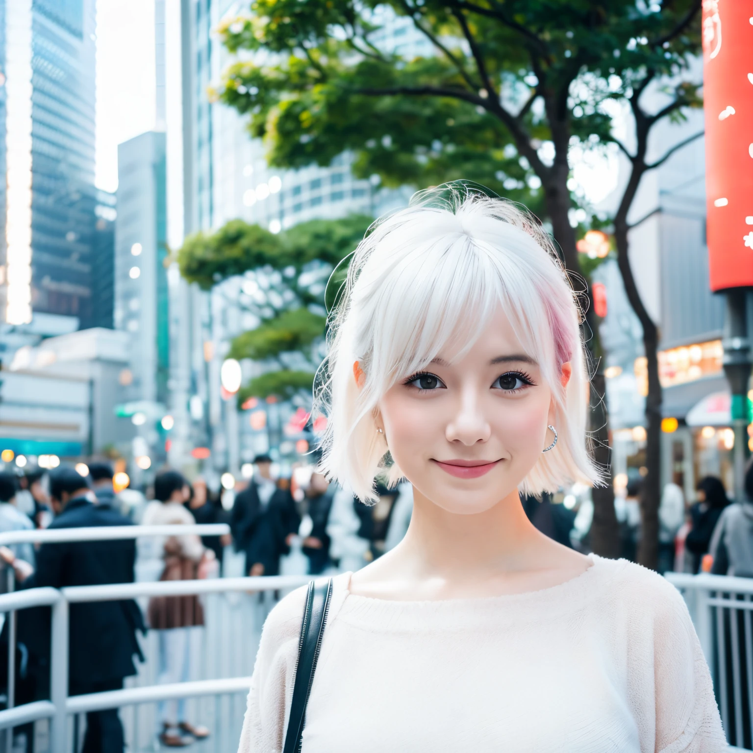 White skin, early 20s, white hair, very cute woman, Japanese background, Tokyo cityscape