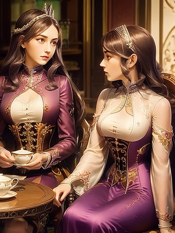 Woman with brown hair, violet eyes, violet dress, Victorian dress, royalty, nobility, having tea with women