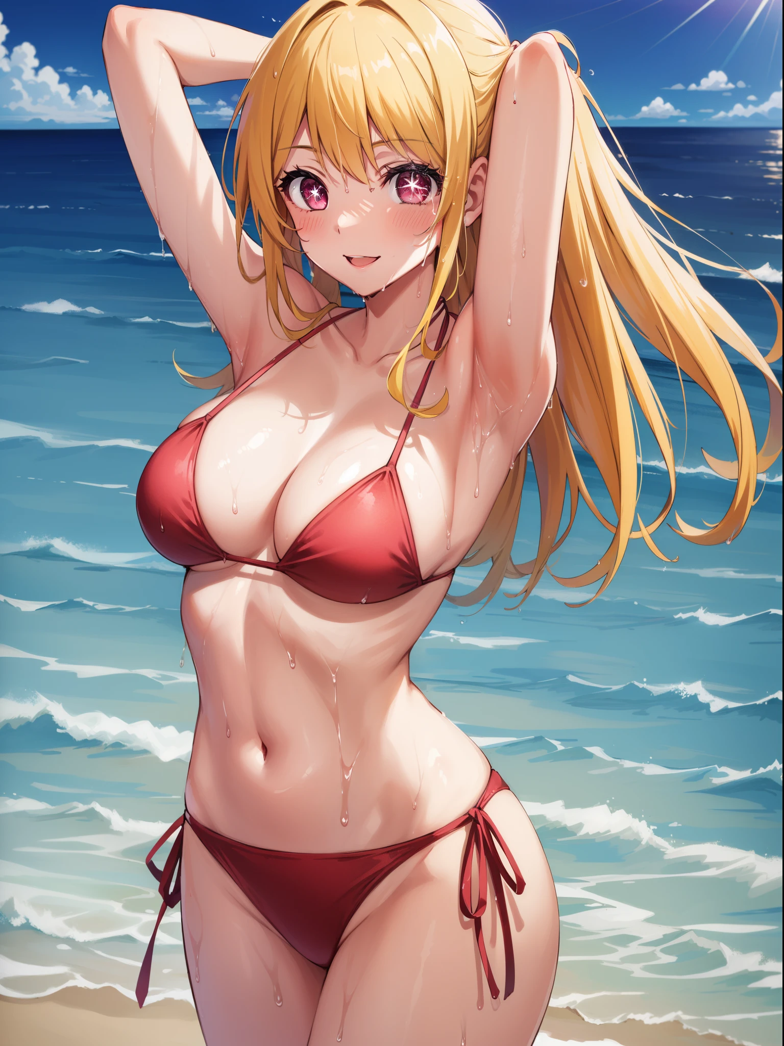 1girl, ruby hoshino, (yellow hair:1.5), long hair, (pink eyes:1.5), sidelocks, (Star pupil in left eye:1.3), (Pink right eye:1.3), (blush:1.1), close mouth, (smile),
BREAK (string bikini:1.3), (red bikini:1.3), patternless bikini,, medium breasts, Naked, Exposed skin, (Wet skin:1.5), (arms behind head, armpits), standing, (s-shaped pose:1.3), (waist:1.3),
BREAK (sea:1.2), beach, (solar:1.2), morning,
BREAK looking at viewer, (close up:1.2),
BREAK (masterpiece:1.2), best quality, high resolution, unity 8k wallpaper, (illustration:0.8), (beautiful detailed eyes:1.6), extremely detailed face, perfect lighting, extremely detailed CG, (perfect hands, perfect anatomy)