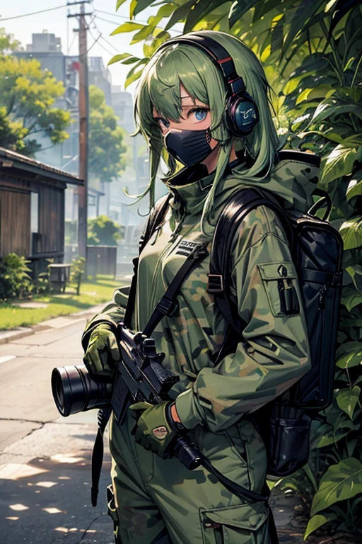 ​masterpiece, top-quality, MGS3EVA, tan jumpsuit, blue eyess, headphones around neck,Green hair, a belt, gloves, boots, Wagas, in jungle、Small、,Black rubber suit、Torn、polo、Fighting、gas masks、Camouflage pattern、younggirl、Black inner、backpack、Heavy equipment、guns、Shooting stance、Creeping forward、sniper rifles