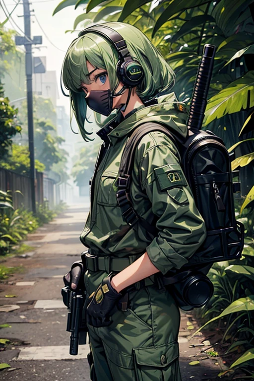 masterpiece, top-quality, MGS3EVA, tan jumpsuit, blue eyess, headphones around neck,Green hair, a belt, gloves, boots, Wagas, in jungle、Small、,Black rubber suit、Torn、polo、Fighting、gas masks、Camouflage pattern、younggirl、Black inner、backpack、Heavy equipment、guns、Shooting stance、Creeping forward、sniper rifles