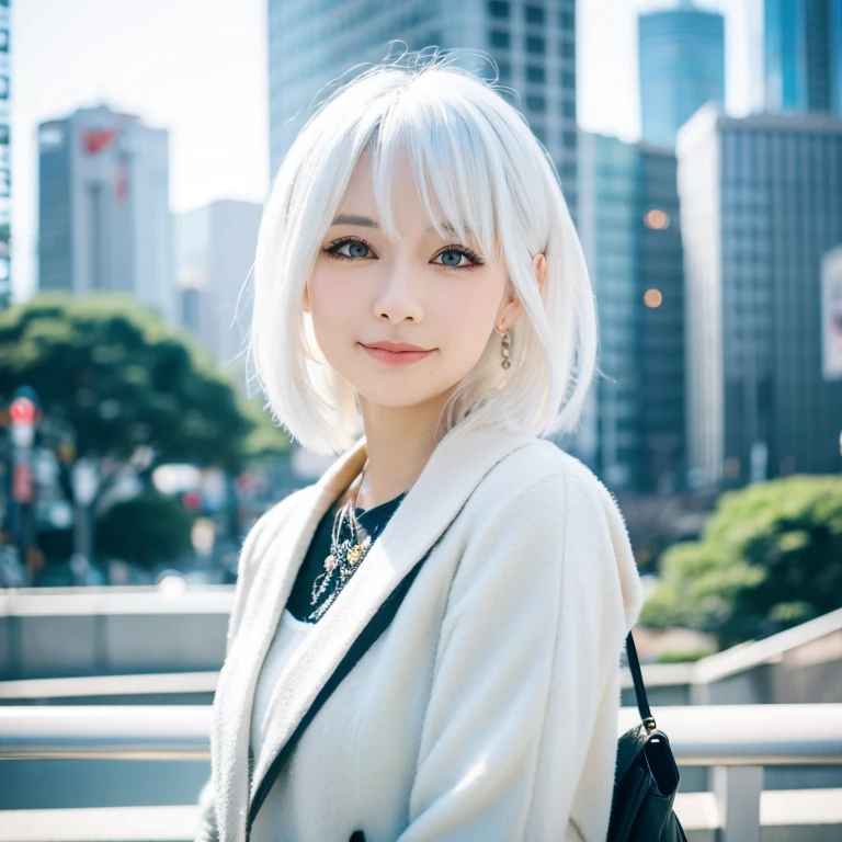 There was a woman with white hair and a black wallet., Girl with white hair, girl with short white hair, perfect gray hair girl, One girl has white hair, white hair woman, white hair, Girl Silver Hair, white hime cut hairstyle, White-haired, silver hair girl, White hair color, with short bobbed white hair, short white hair