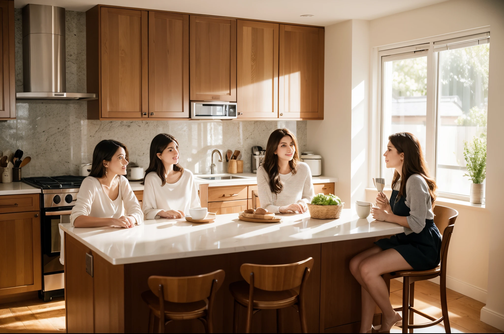 Six female Americans sitting on stools, in the kitchen at home, warm, indoor, practical, realistic, lifelike, facial clarity, exquisite face, front corner, HD, 8K, HD aesthetics, immersive detail, exquisite, exquisite, 4K