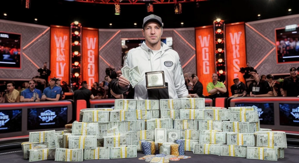 wsop, world series of poker, wow! Winner, a man staying in front of a stack of money in front of a poker table, wsop, world series of poker, winner, badass composition, eric parker, amazingly composed image, news photo, the man just won the World Series Of Poker Main  Win, high-detailed, highest quality, epic composition, incredible datailed, Ultra high quality image, GGpoker loggo on the poker table, GGPoker branded poker table, GGPoker loggo very good quality, high details