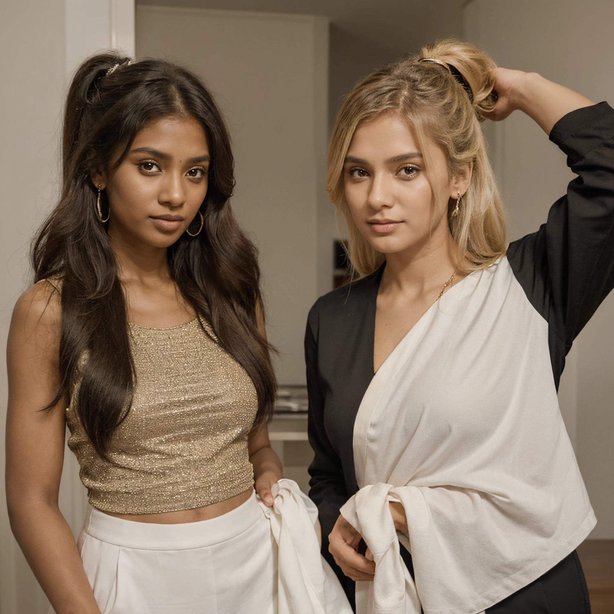 22-year-old dark Sri Lankan woman named Kasuni and, her pure white Canadian mother blonde named Celestia, looking at the camera, ((make sure Celestia is a blonde, white Canadian 48-year-old woman, aged look)), ((Kasuni is 22-year-old, solid black long ponytail hair, dark skin)), ultra-realistic selfie photo, feminine features, (both have same facial components), formal office suits, jewelry.