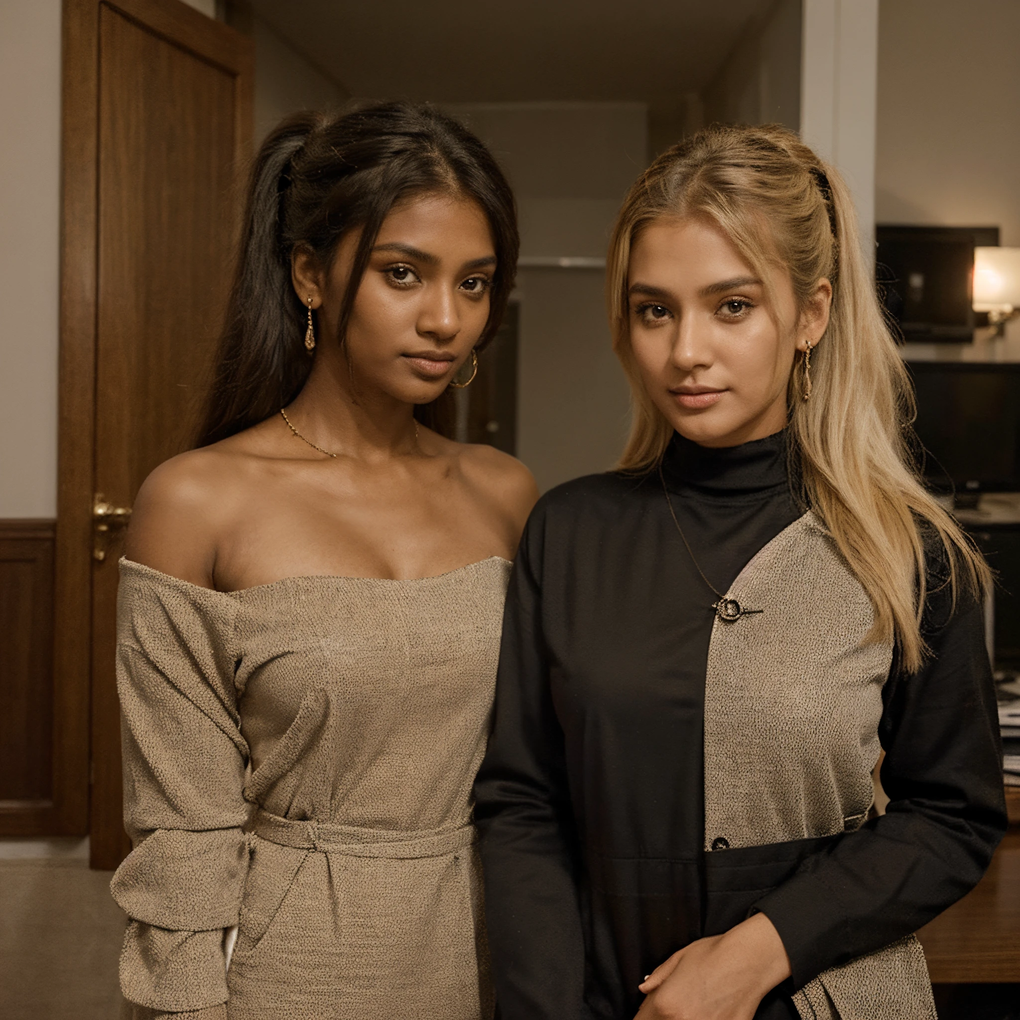 22-year-old dark Sri Lankan woman named Kasuni and, her pure white Canadian mother blonde named Celestia, looking at the camera, ((make sure Celestia is a blonde, white Canadian 48-year-old woman, aged look)), ((Kasuni is 22-year-old, solid black long ponytail hair, dark skin)), ultra-realistic selfie photo, feminine features, (both have same facial components), formal office suits, jewelry.