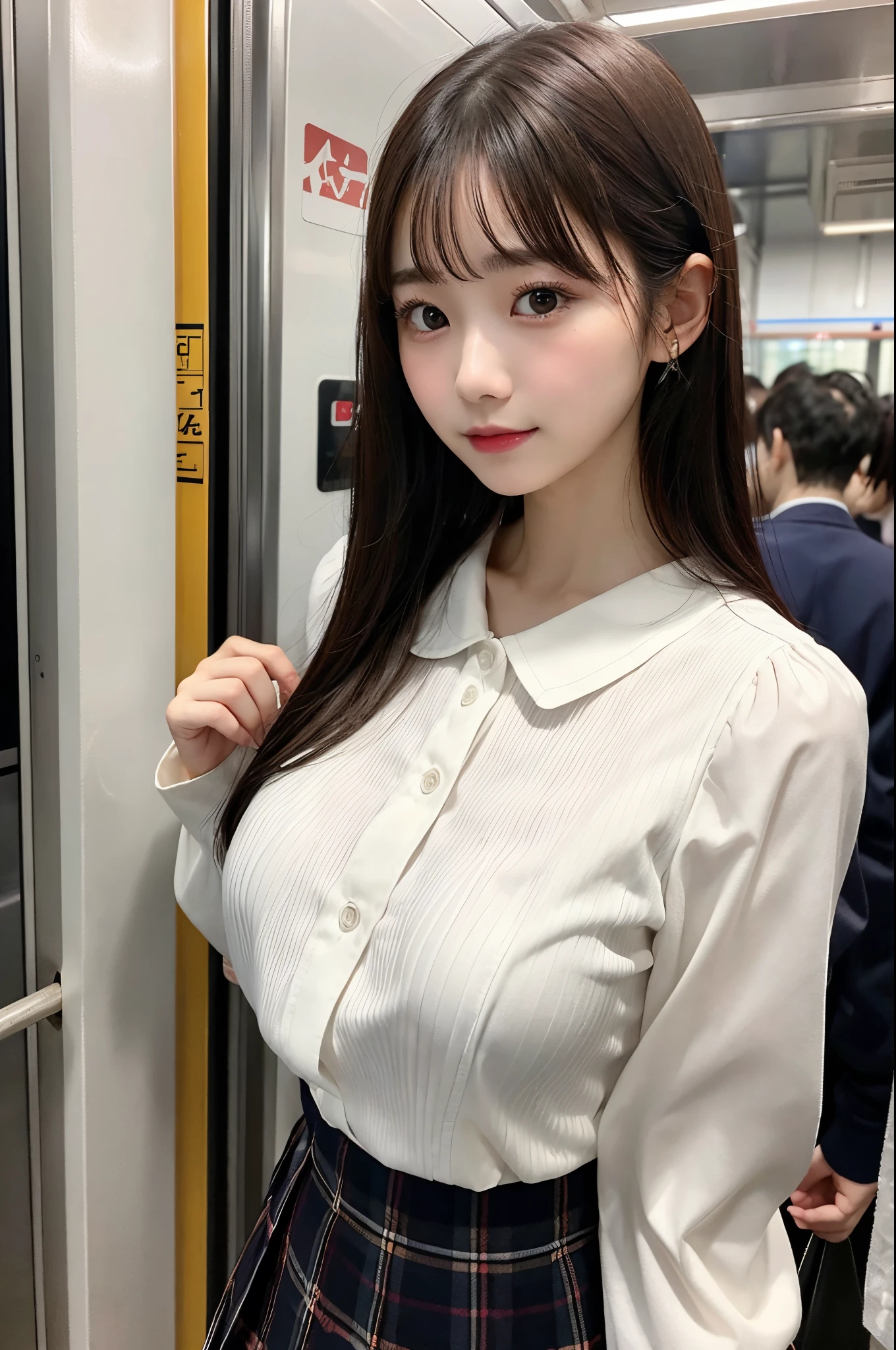 Top image quality、4K picture quality、Best Quality、huge tit、g-cup、22year old、japanes、short stature、Wearing a white blouse with a long-sleeved collar、Wearing a pleated skirt、Standing in front of me on a crowded train