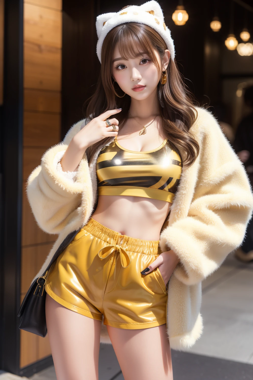 Female idol covered in honey、Esbian,Honey-covered shorts、、Fur jacket