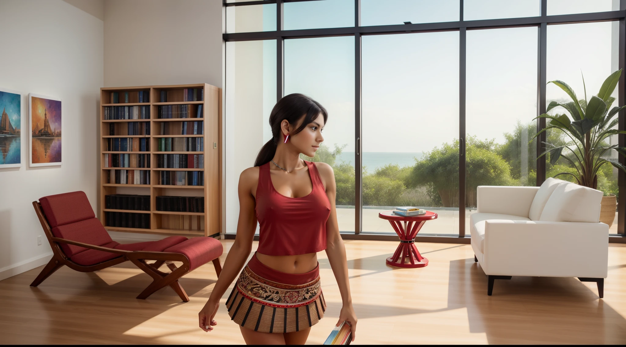 (((a girl alone in the library))),((full-body, cinematic-shot)),(best quality,4k,8k,highres,masterpiece:1.2),ultra-detailed,(realistic,photorealistic,photo-realistic:1.37),(beautiful and aesthetic:1.2),vibrant color,(film grain:1.3).

(((1girl))),(((solo))),((1 person)),(17years-old),[Hipólita-Felipa-Tere],((sharp focus:1.5)),pearl skin,(skin pores:1.1),beautiful detailed eyes,beautiful detailed lips,extremely detailed eyes,longeyelashes,extremely detailed face and skin texture,(skin texture:1.1),black hair,tall and slender body,(192cm tall),thin and delicate figure,graceful posture,flawless skin,defined abs,perfect curves,feminine appearance,beautiful long legs,embodying elegance and beauty,(cleavage breasts,large breasts:1.4),((wearing a (red:1.4) tank-top with a (red) ultra-short miniskirt:1.4)),extremely detailed and realistic (red) clothes,(shiny skin).

[aesthetic library,modern,books,bookshelves,artificial lighting,contemporary design,large windows,natural light,wooden floors,modern interior,modern furniture,plant decorations,colorful book covers,organized,quiet,peaceful,serene atmosphere,art prints,reading chairs,coffee tables,artificial fireplace,bookmarks,painting hanging on the wall,bookworm,inspiration,creativity,no noise,beautiful scenery outside the windows,a cup of coffee,small tables for notes and pencils,thought-provoking quotes,keycard access,architecture,architectural elements,vibrant colors,tradition fusion with modern,eclectic,modern art,art appreciation,art exhibitions,splashes of color,calmness,serendipity,relaxing music,modern sculptures,art installations,creative space,artistic inspiration,contemporary novels,classic literature,display shelves,modern classics,open space,reading nooks,sunlight pouring in,homely,casual,unconventional design,artistic.]

Official art,extremely detailed,(fractal art:1.1),(colorful:1.1),(many colors:1.4),Angelic ethereal beauty,studio photography,professional photography.