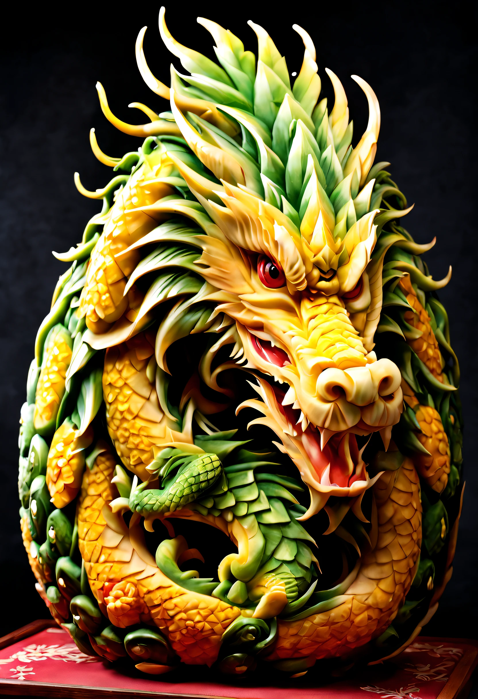 Pineapple carving, eastern dragon, China Dragon, pineapple carving art, carving, tmasterpiece, superb quality, Hyper-realistic, Feature photo, hight resolution, higly detailed