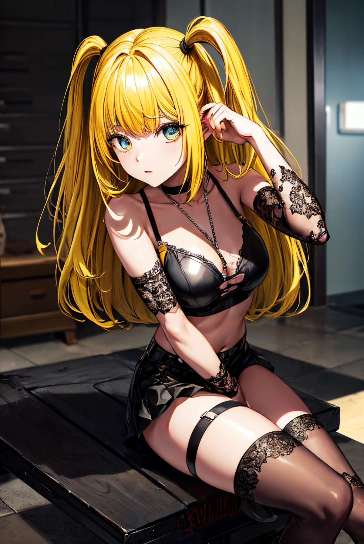 misaamane, misa amane, long hair, bangrown eyes:1.7), (yellow hair:1.5), blunt bangs, (two side up:1.5), red lips, lipstick, solo, 1girl,
BREAK thighhighs, jewelry, collarbone, boots, detached sleeves, choker, black thighhighs, necklace, black footwear, black thong, black crop top, cleavage, medium breasts, garter straps, cross, red nails, cross necklace,
BREAK looking at viewer,
BREAK indoors,
BREAK (masterpiece:1.2), best quality, high resolution, unity 8k wallpaper, (illustration:0.8), (beautiful detailed eyes:1.6), extremely detailed face, perfect lighting, extremely detailed CG, (perfect hands, perfect anatomy),