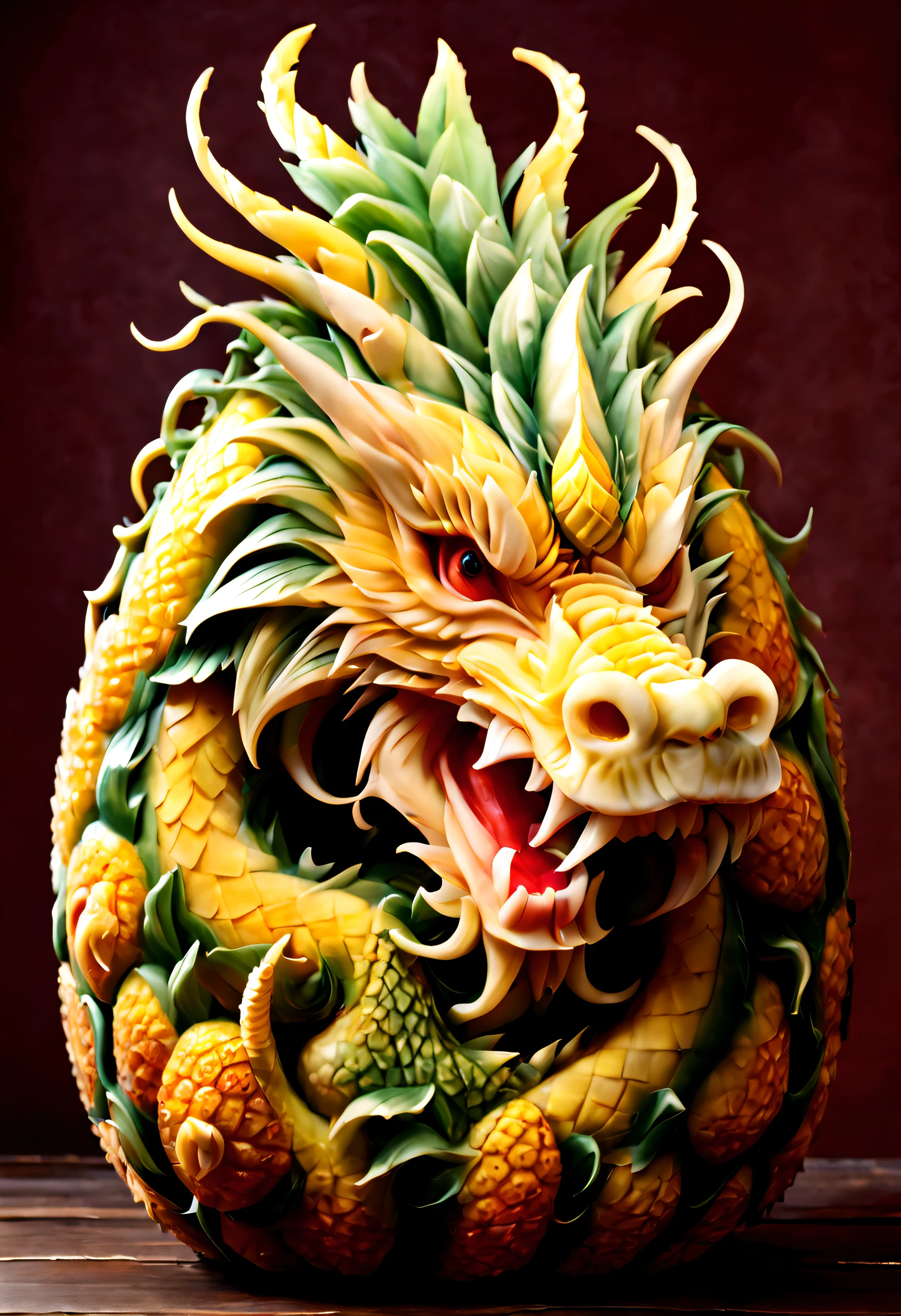 Pineapple carving, eastern dragon, China Dragon, pineapple carving art, carving, tmasterpiece, superb quality, Hyper-realistic, Feature photo, hight resolution, higly detailed