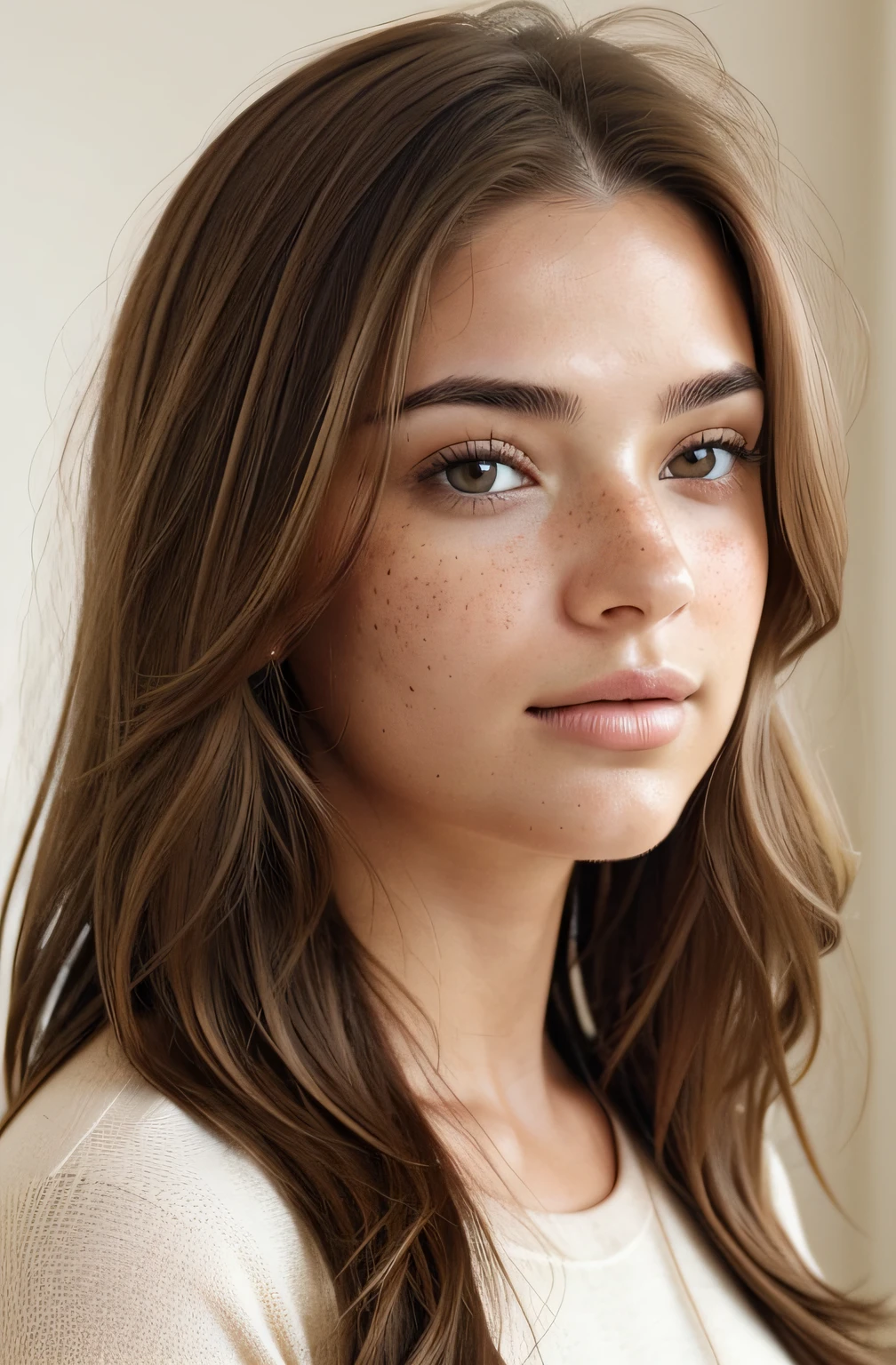 Brown hair with slightly faded roots.Ensure that the pink shade is realistic and complements the skin tone, Add some natural shine to the hair.Light freckles across the face, particularly around the nose and cheeks. Light brown eyes that appear warm and inviting. No makeup, emphasizing natural beauty. Soft and natural eyebrows.A confident and approachable expression suitable for an influencer. Capture a genuine moment that reflects authenticity.Use natural lighting if possible for a soft and flattering effect. Experiment with different angles to find the most flattering lighting for the model.Consider the rule of thirds for a visually appealing composition.
Experiment with different poses to showcase the personality of the influencer.