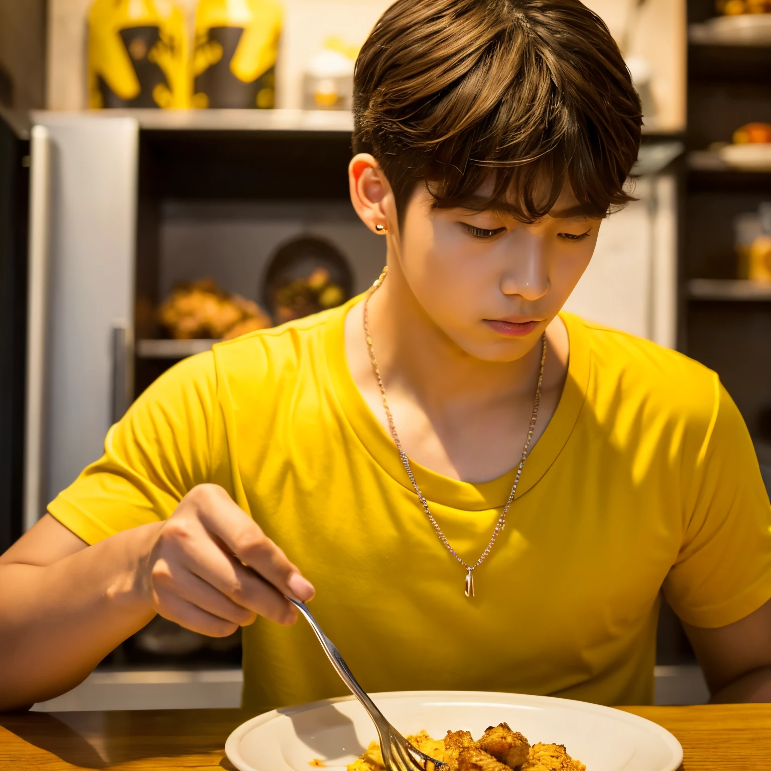 A boy wearing a yellow T-shirt, a necklace, brown hair, parted bangs, and a long nape. Profile of a boy about to eat chicken.