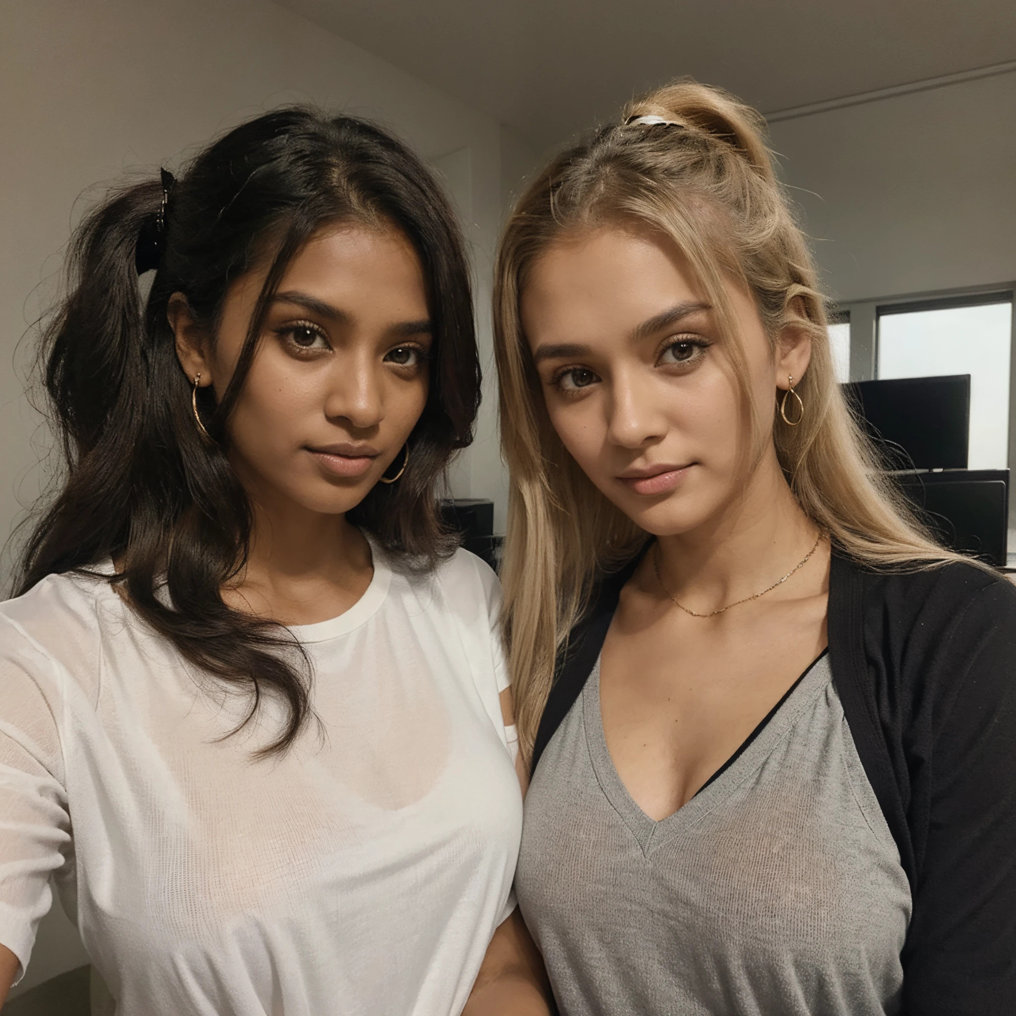 22-year-old dark Sri Lankan woman named Kasuni and, her pure white Canadian mother blonde named Celestia, looking at the camera, ((make sure Celestia is a blonde, white Canadian 48-year-old woman, aged look)), ((Kasuni is 22-year-old, solid black long ponytail hair, dark skin)), ultra-realistic selfie photo, feminine features, (both have same facial components), formal office suits, jewelry.