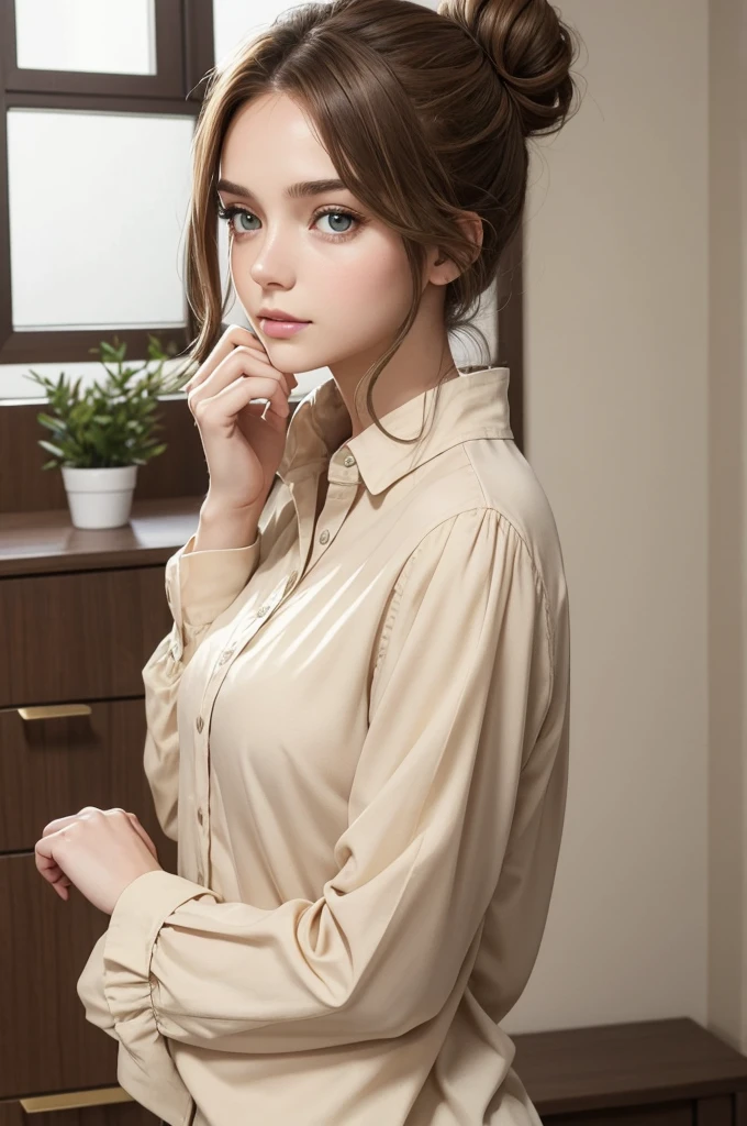 Emily is a 23-year-old with light brown hair, usually stuck in a bun or ponytail. His eyes are green and expressive, conveying his gentle and warm personality. She has an average height, about 1.65m, with a slender and well-defined figure due to her physical exercise routine. Emily likes to dress simply and comfortably, wearing practical clothes, long sleeve blouse and neutral colors. She usually wears little makeup, preferring a natural look. Best quality, realistic photo, 32 k.