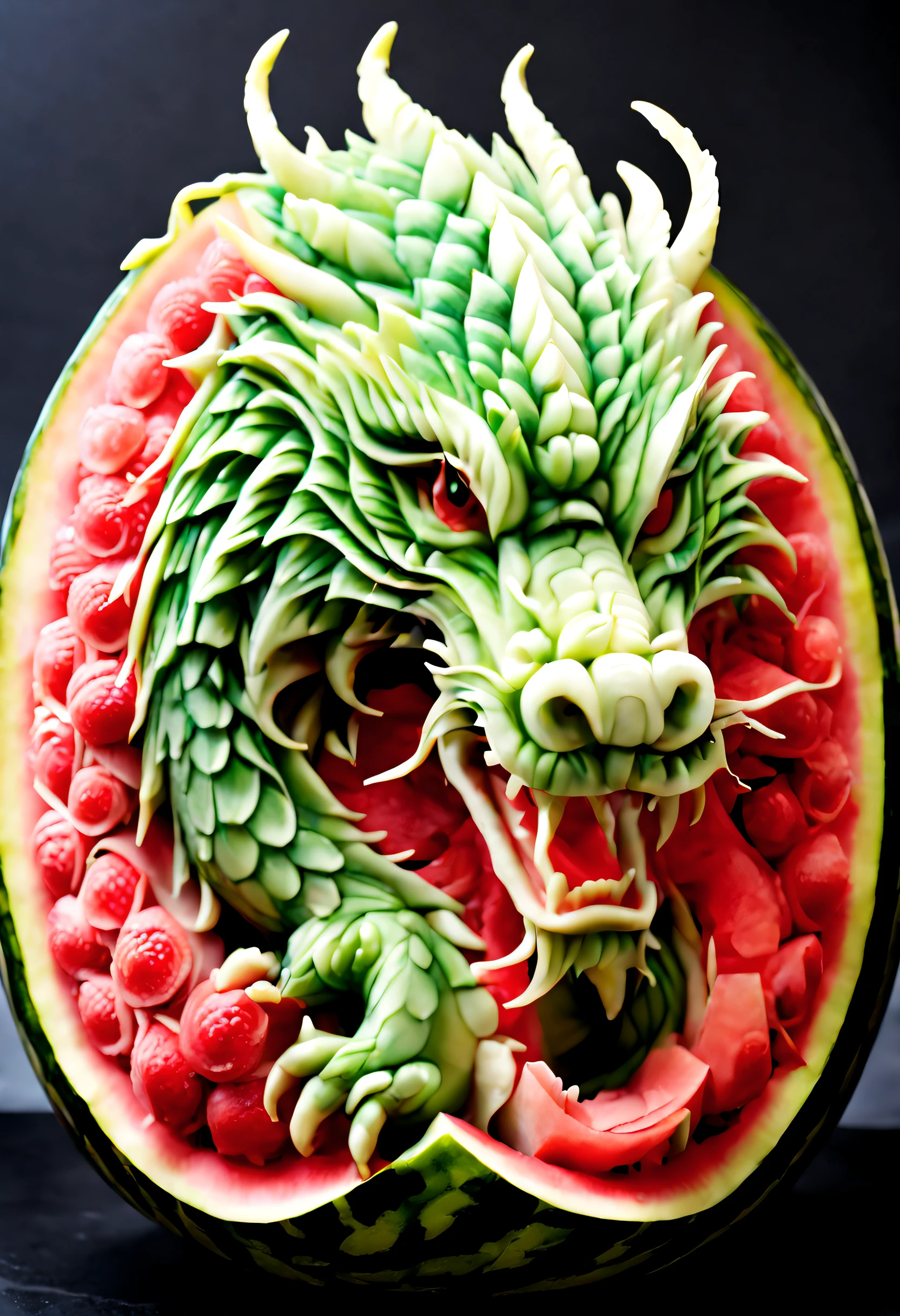 Watermelon carving, eastern dragon, China Dragon, watermelon carving art, carving, tmasterpiece, superb quality, Hyper-realistic, Feature photo, hight resolution, higly detailed, jewelry cutting