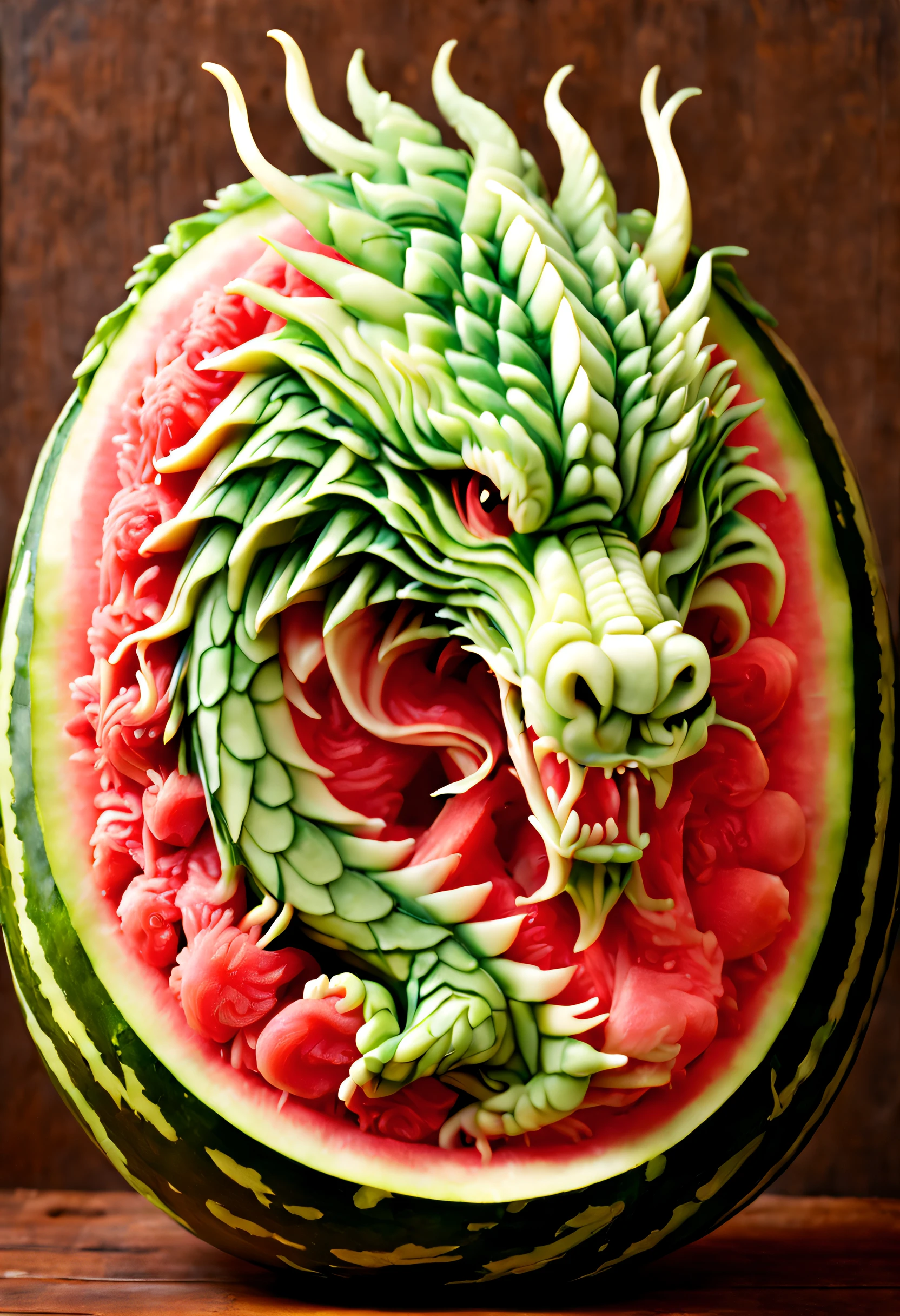 Watermelon carving, eastern dragon, China Dragon, watermelon carving art, carving, tmasterpiece, superb quality, Hyper-realistic, Feature photo, hight resolution, higly detailed, jewelry cutting