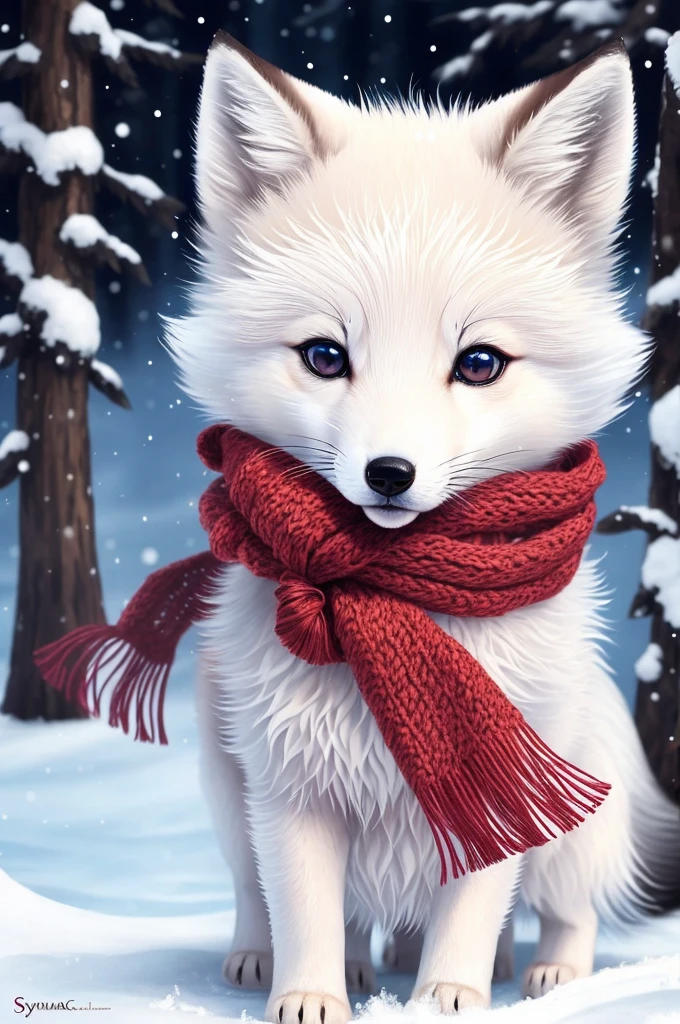 Style-NebMagic, Portrait of a cute furry little arctic fox in the snow，Wearing a scarf made of Style-SylvaMagic, Ismail Inoglu, antelope, JamesJean, Anton Fadeev and Yoshitaka Amano, extremely detaile, 8K分辨率, number art, Hot topics on artstation, vivd colour, chibiStyle, tmasterpiece, Lovely Friendly Lovely