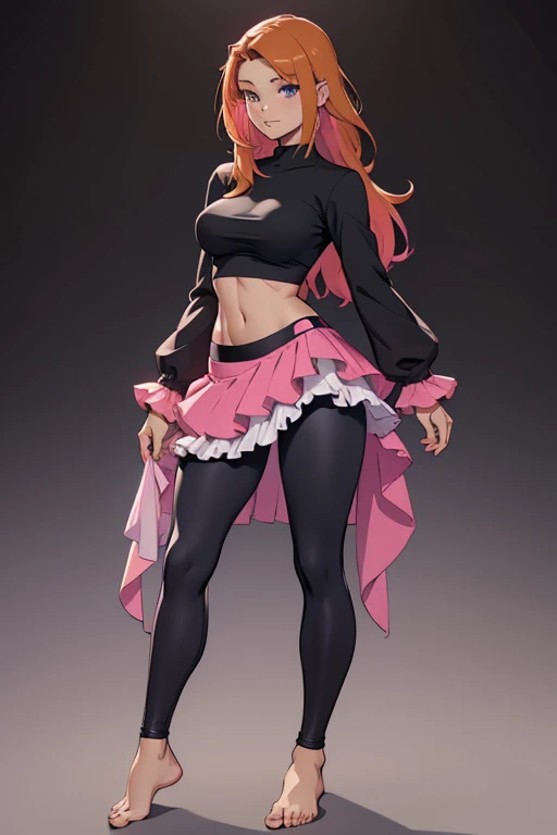 A beautiful, young barefoot woman, wearing longsleeved top, bare midriff, a long colorful frilly skirt and black leggings under it, standing.