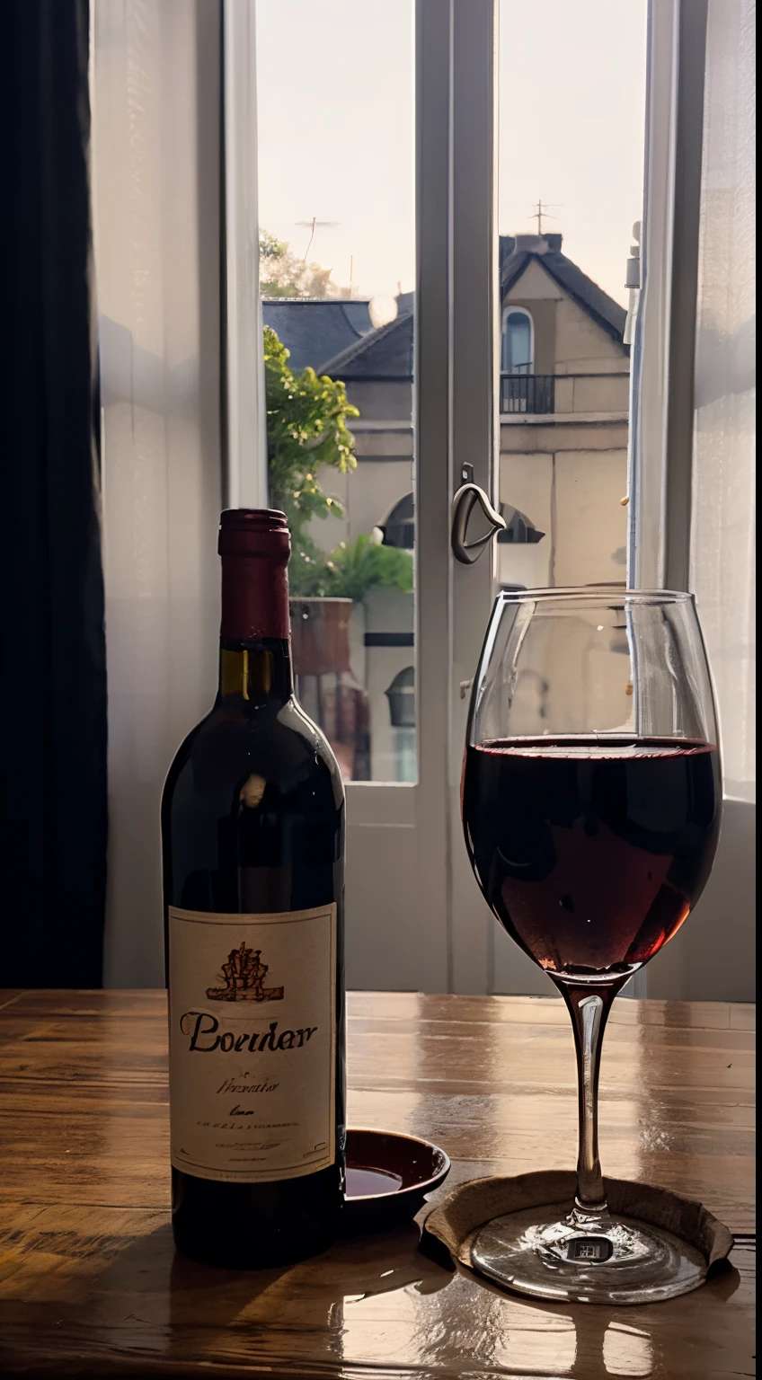 There was a bottle of red wine on the table、Biscuits and bread, Napkins and wine glasses, Window lighting , Bright light, Background curtains, Still life impasto painting , Deep dark background,