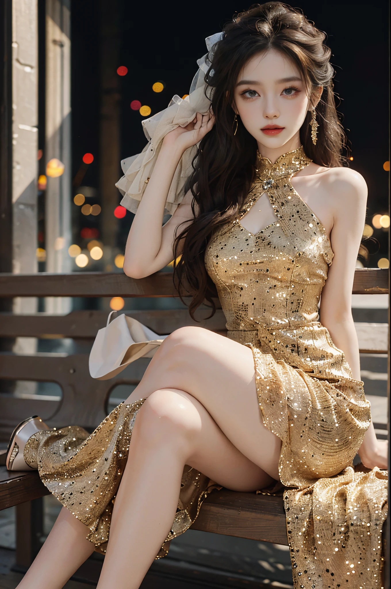dress, fashi-girl, red lips, mature female, makeup, Big eyes, Pretty eyes, ((full body)), ((Random shooting angles)), (best quality, masterpiece:1.2), ultra-detailed, (realistic:1.37), beautiful, youthful, glamorous model with (detailed eyes, detailed lips, extremely detailed eyes), with white and floral colors, showcasing a radiant smile, creating a breathtaking depiction of a girl, Warm tones, extremely high color saturation, official art, extremely detailed CG unified 8k wallpaper,(High dynamic range :1.4), (cinematic),(soft colors, dull colors, soothing tones :1.3), (natural skin texture, ultra-realistic, soft light, sharp),(very detailed), Night, moonlight, In an antique pavilion, sit on a bench against the guardrail