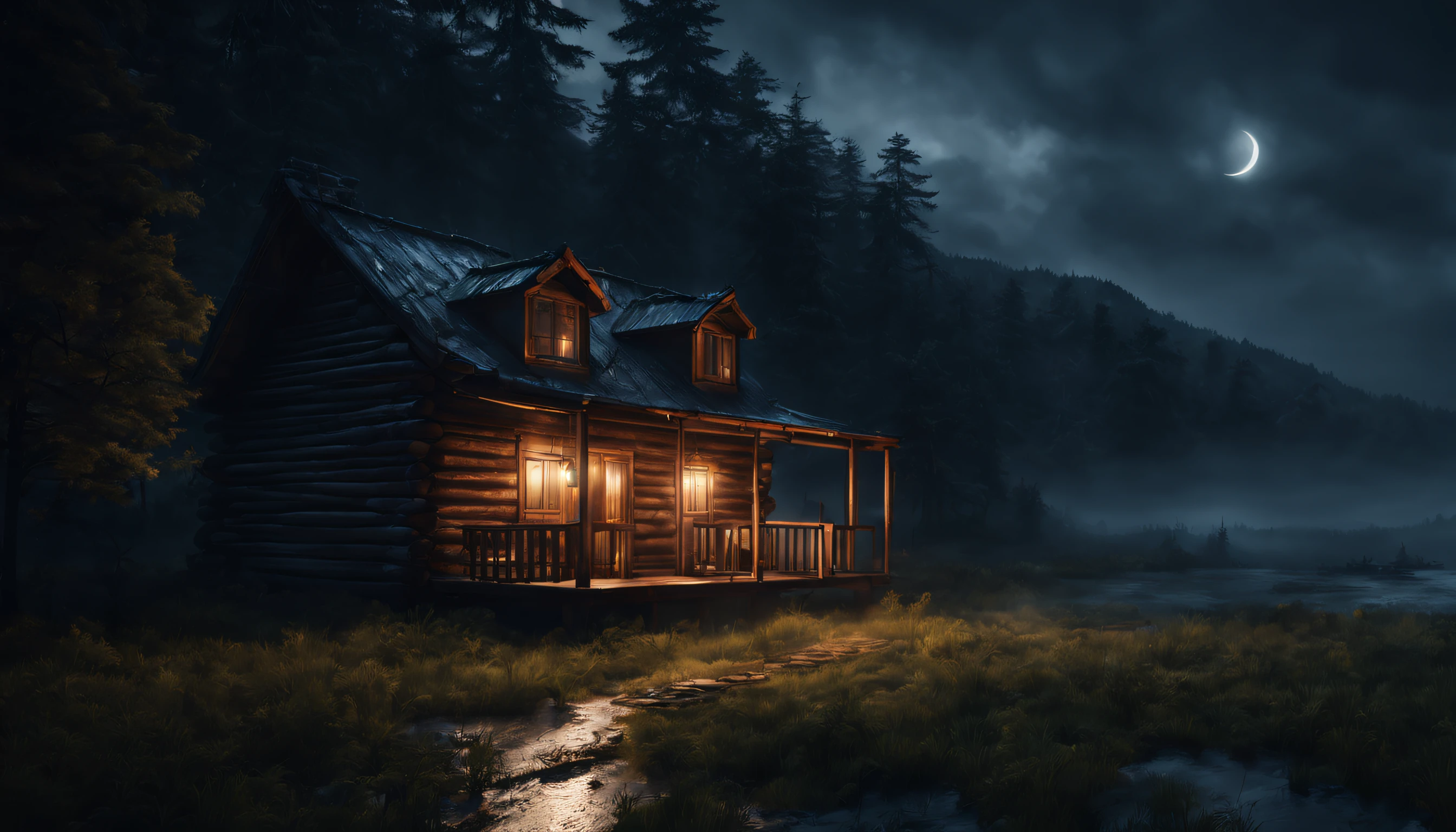 Beautiful cabin in the woods at night, cloudy sky closed, perfect composition, trend in the rainy season, 8k artistic photography, arte conceitual fotorrealista, perfect natural and soft volumetric cinematic night light, wet ground water