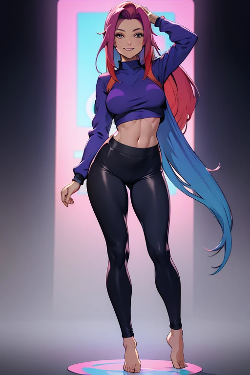 A beautiful, young barefoot woman, wearing  longsleeved top, bare midriff,  leggings, colorful dyed hair, looking happy, standing.