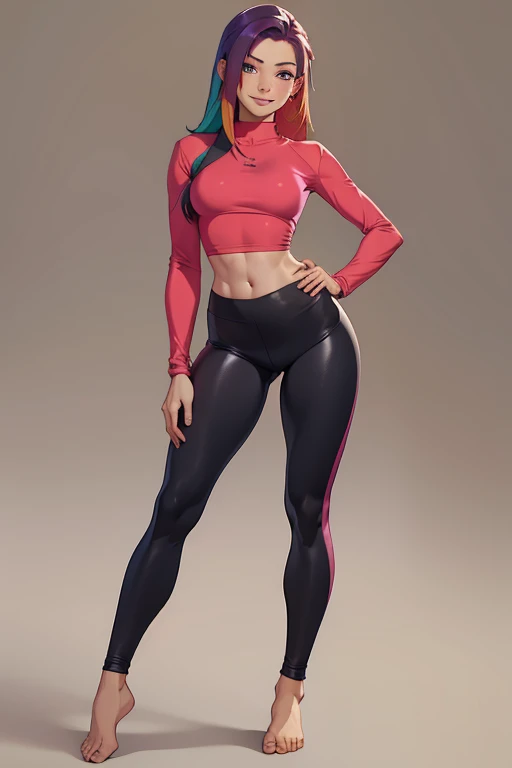 A beautiful, young barefoot woman, wearing longsleeved top, bare midriff, leggings, colorful dyed hair, looking happy, standing.