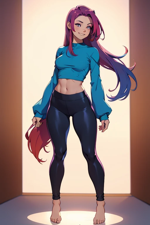 A beautiful, young barefoot woman, wearing longsleeved top, bare midriff, leggings, colorful dyed hair, looking happy, standing.