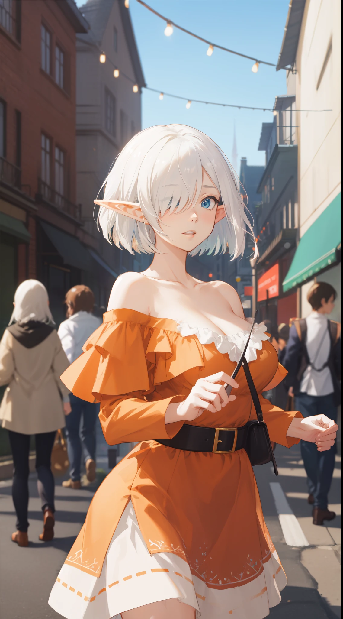 masterpiece,(bestquality),highlydetailed,ultra-detailed, a elf woman posing on the street Medieval corner  with orange dress on, best quality, (elf), 1girl, big breast, day, bright, (depth of field:1.3), (blurry background:1.1), outdoor, studio ghibli style street, (street:0.8), neat, lifelike, pixiv, German architecture, inspired by Romanesque, (people, crowds:0.8), (off-shoulder dress:1.2), Bob cut hair, parted bangs, (hair over one eye), white hair, blue eyes, beautiful detailed sky, (dynamic pose:1.2), soft lighting, wind, shiny skin, (upper body:0.8), parted lips, artstation by Artgerm, by Kawacy, By Yusuke Murata,
