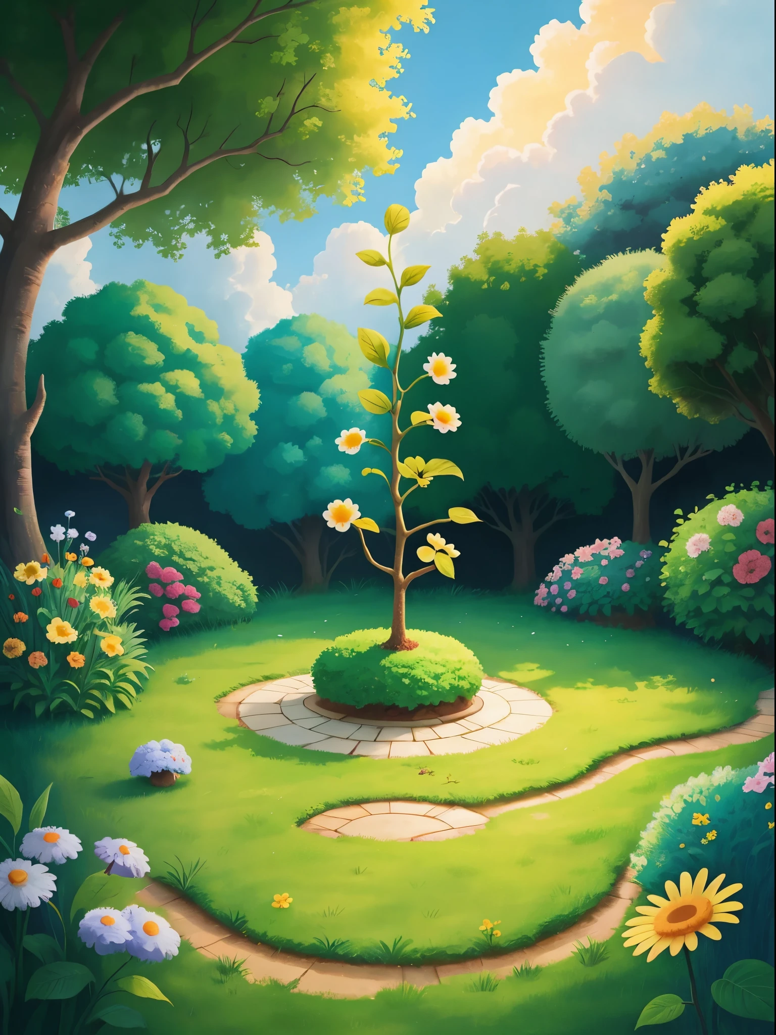 A small sapling  planted in a small garden，The sun shines on it through the clouds，Small sapling personified，classical animation，Disney  style，Continuous shooting，Cinematic immersion，Sense of story，Children's picture book,children&#39;s story,High saturation color,colorful illustrations